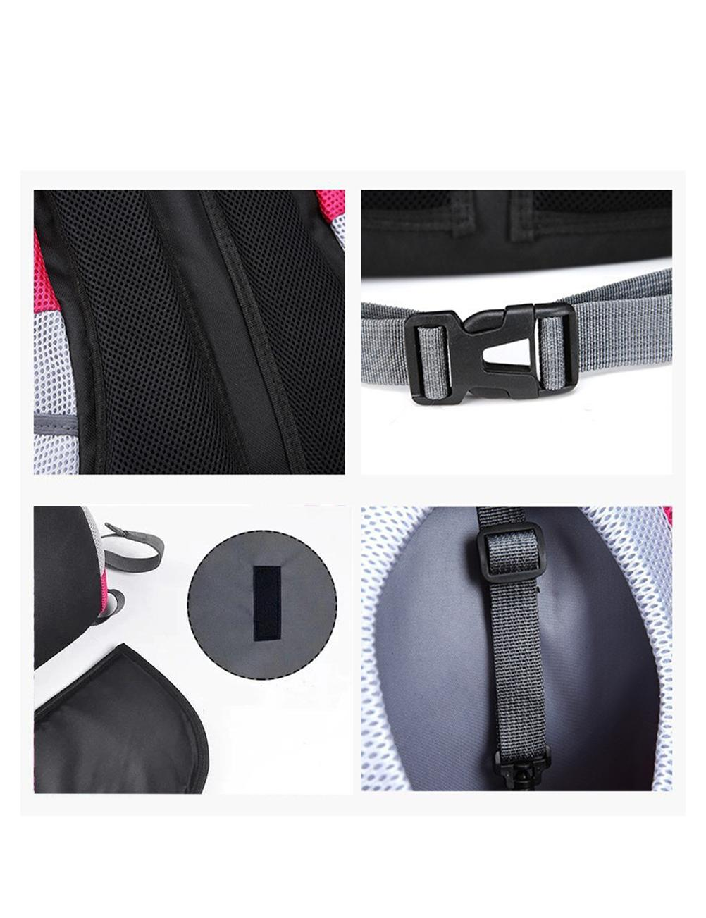 Close-ups of a backpack's details: mesh, buckle, and Velcro patch.