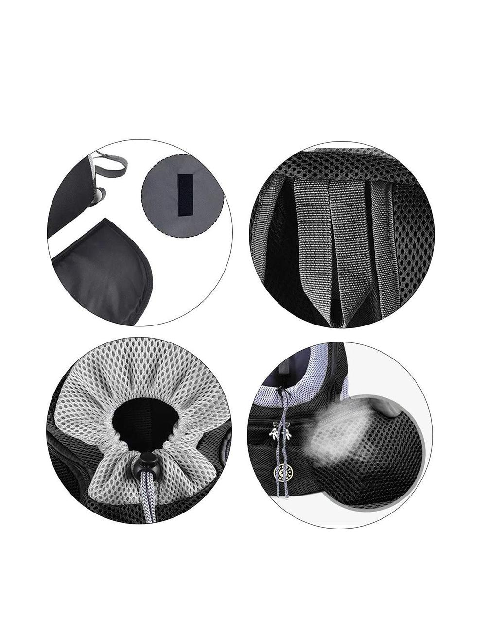 Detailed close-up views of a pet carrier bag with a mesh window and a drawstring closure.