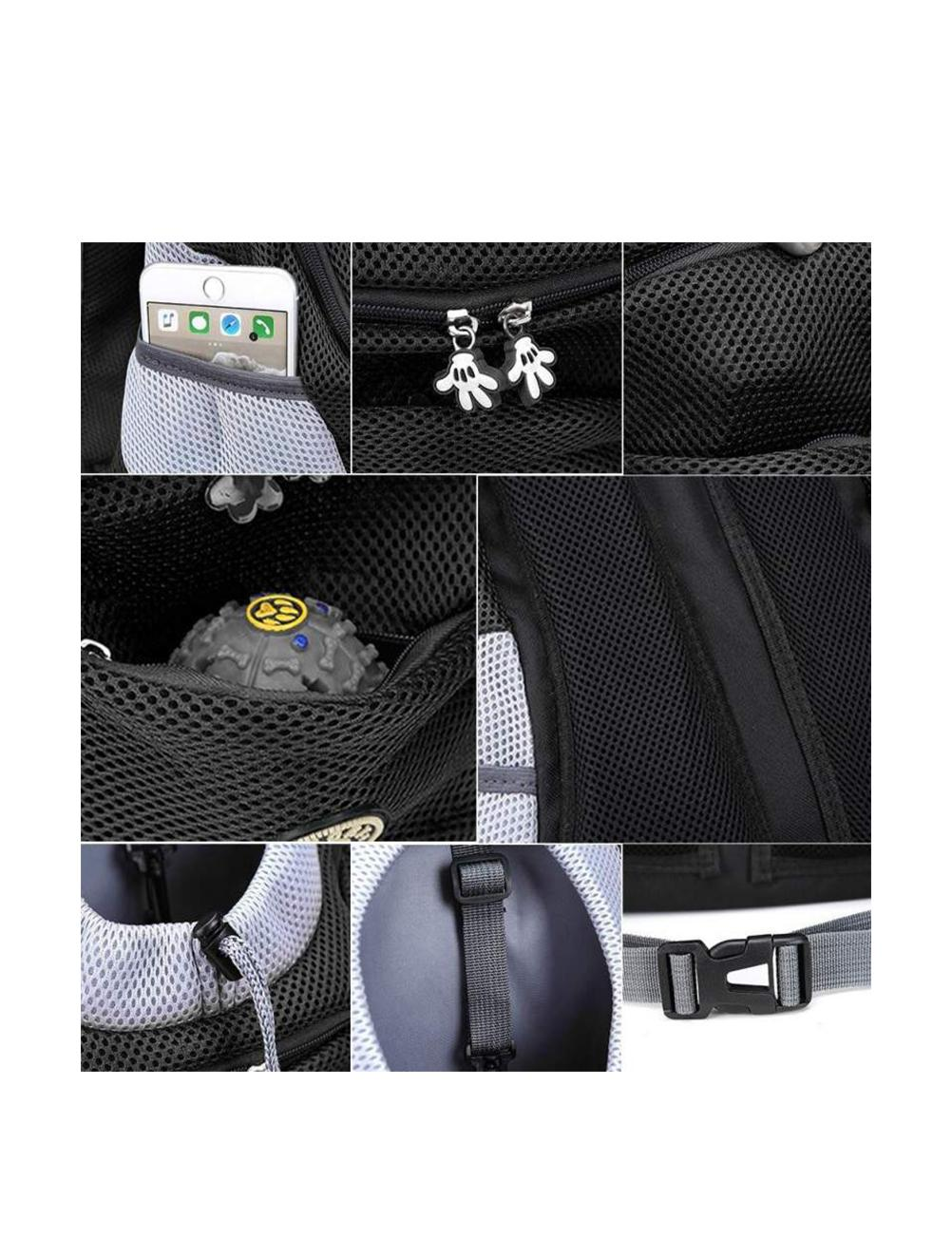 Detailed view of a black backpack with multiple compartments, zippers, and mesh details.