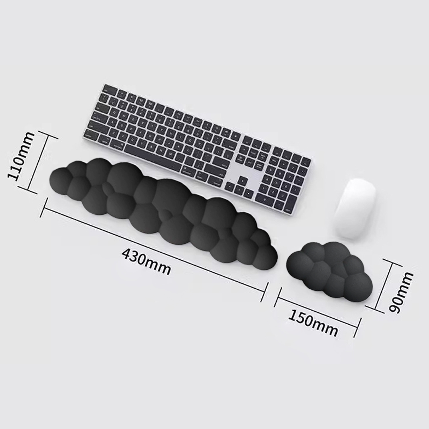 Repose-poignet ergonomique noir et clavier. Souris et clavier à droite.