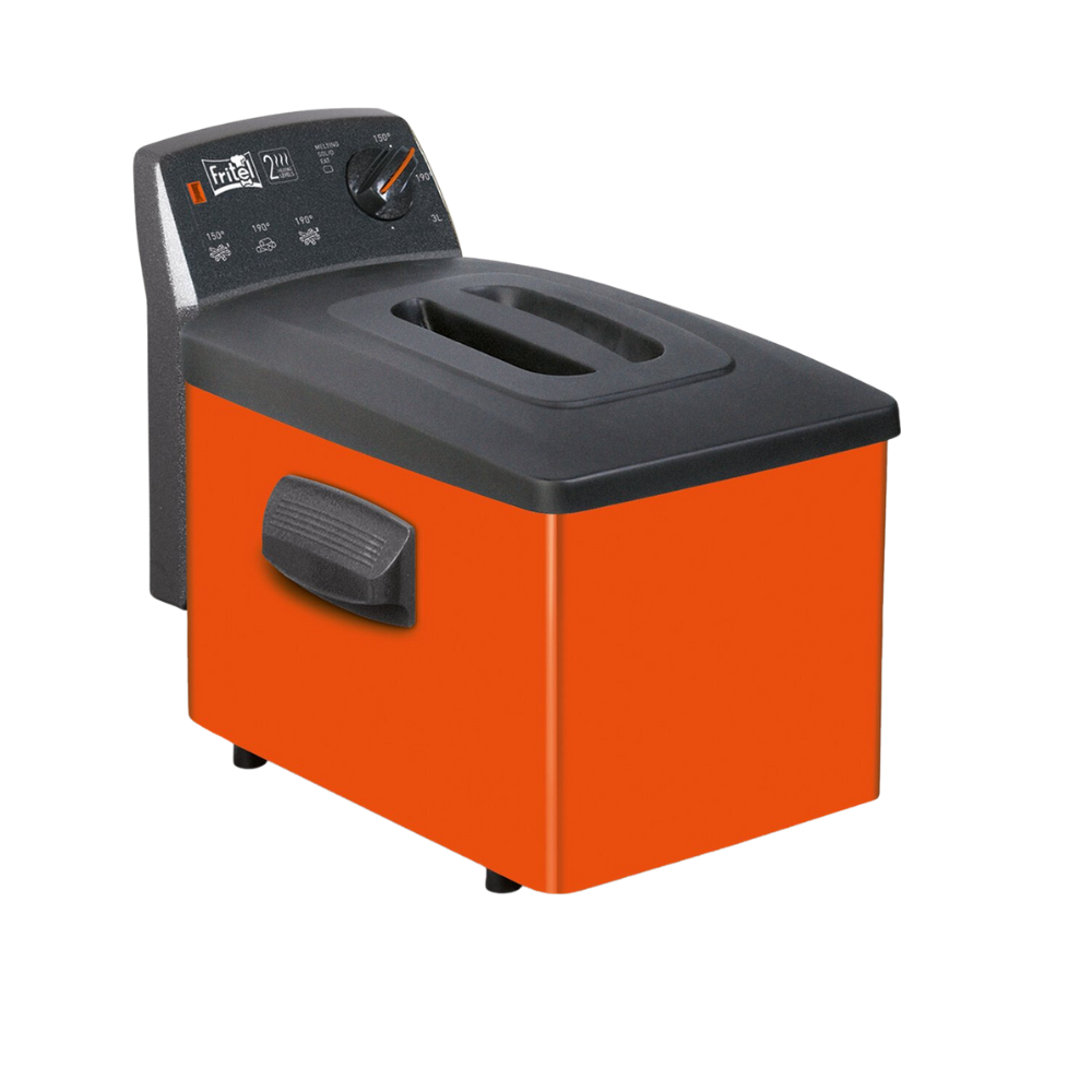 An orange and black deep fryer, isolated on a white background.
