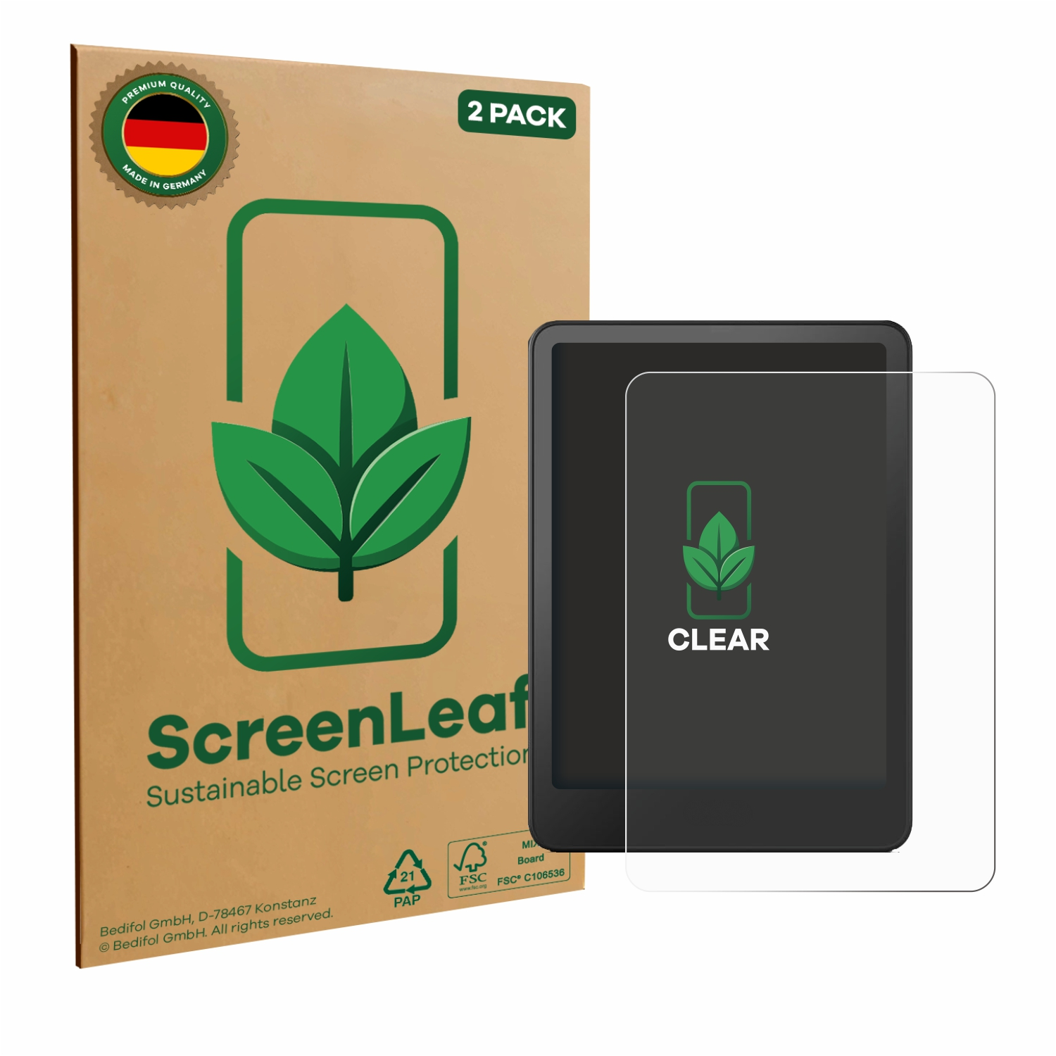 ScreenLeaf Displayschutzbox und -schutz auf einem Tablet. Klarer und transparenter Bildschirm. Weißer Hintergrund.