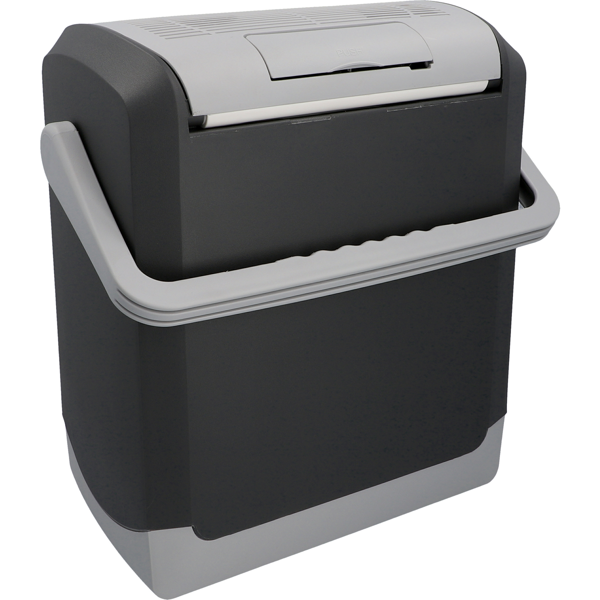 Eine schwarze und graue Kühlbox mit einem Griff. Sie hat einen grauen Deckel und Boden, mit einem schwarzen Körper.