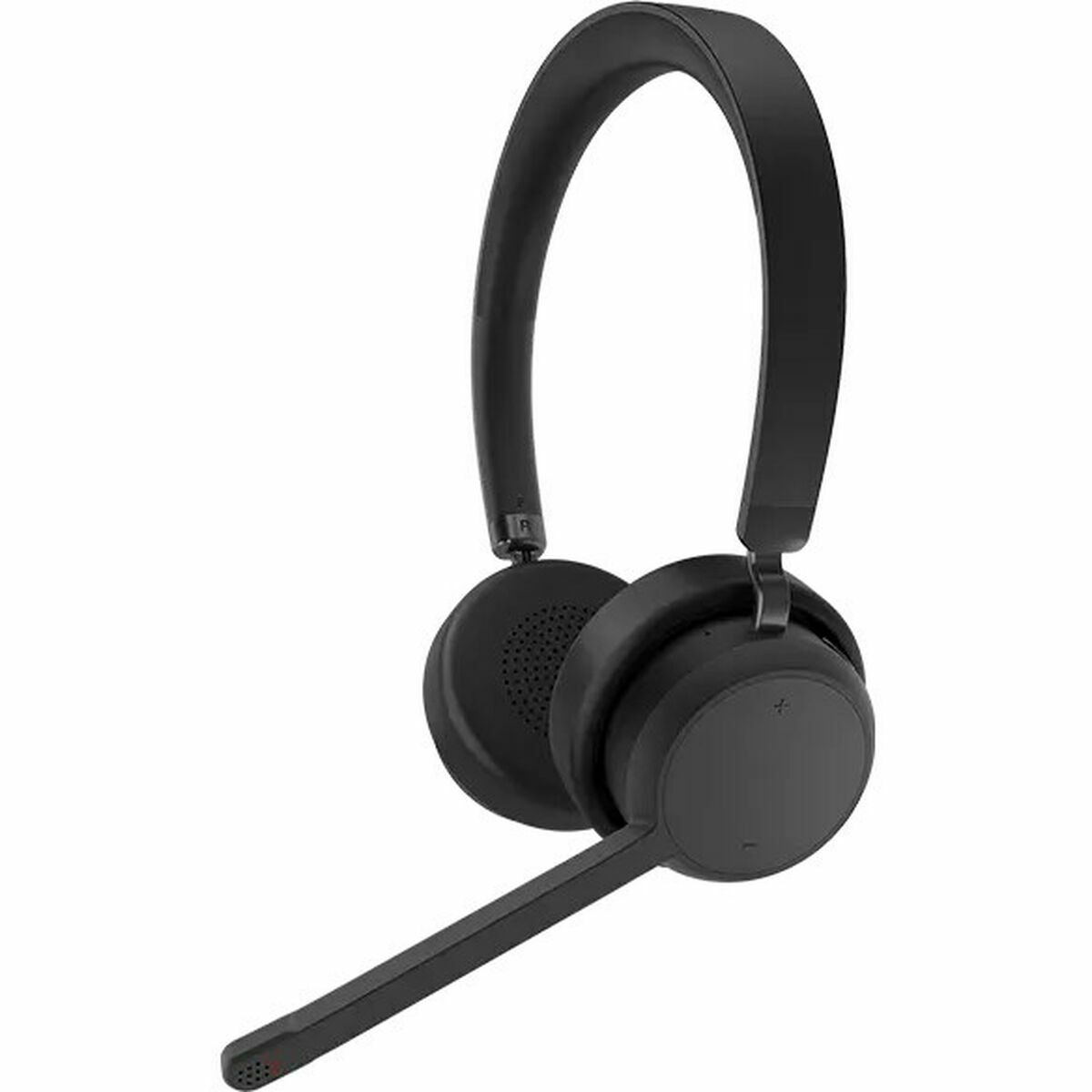 Zwarte headset met gebogen hoofdband en microfoon op witte achtergrond.