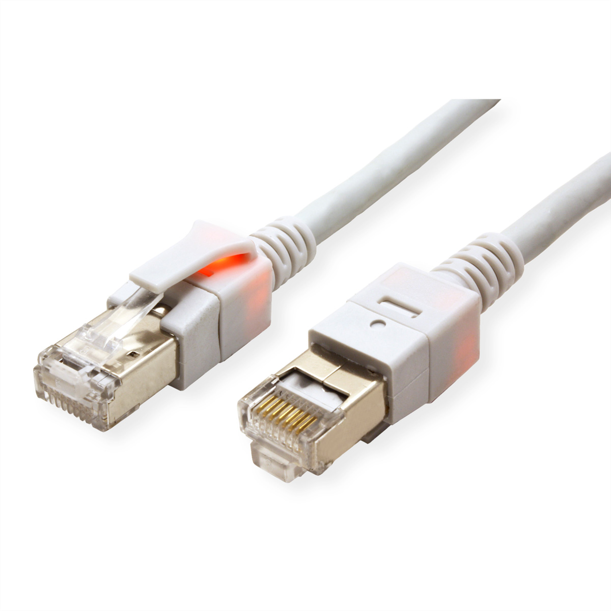 Due cavi ethernet grigi con connettori trasparenti. Un connettore con luce arancione.