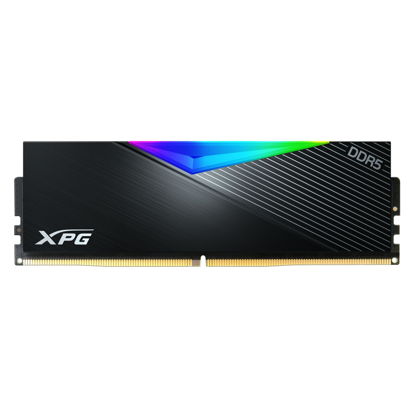 Czarny moduł pamięci RAM z logo XPG i podświetleniem RGB, z napisem DDR5.