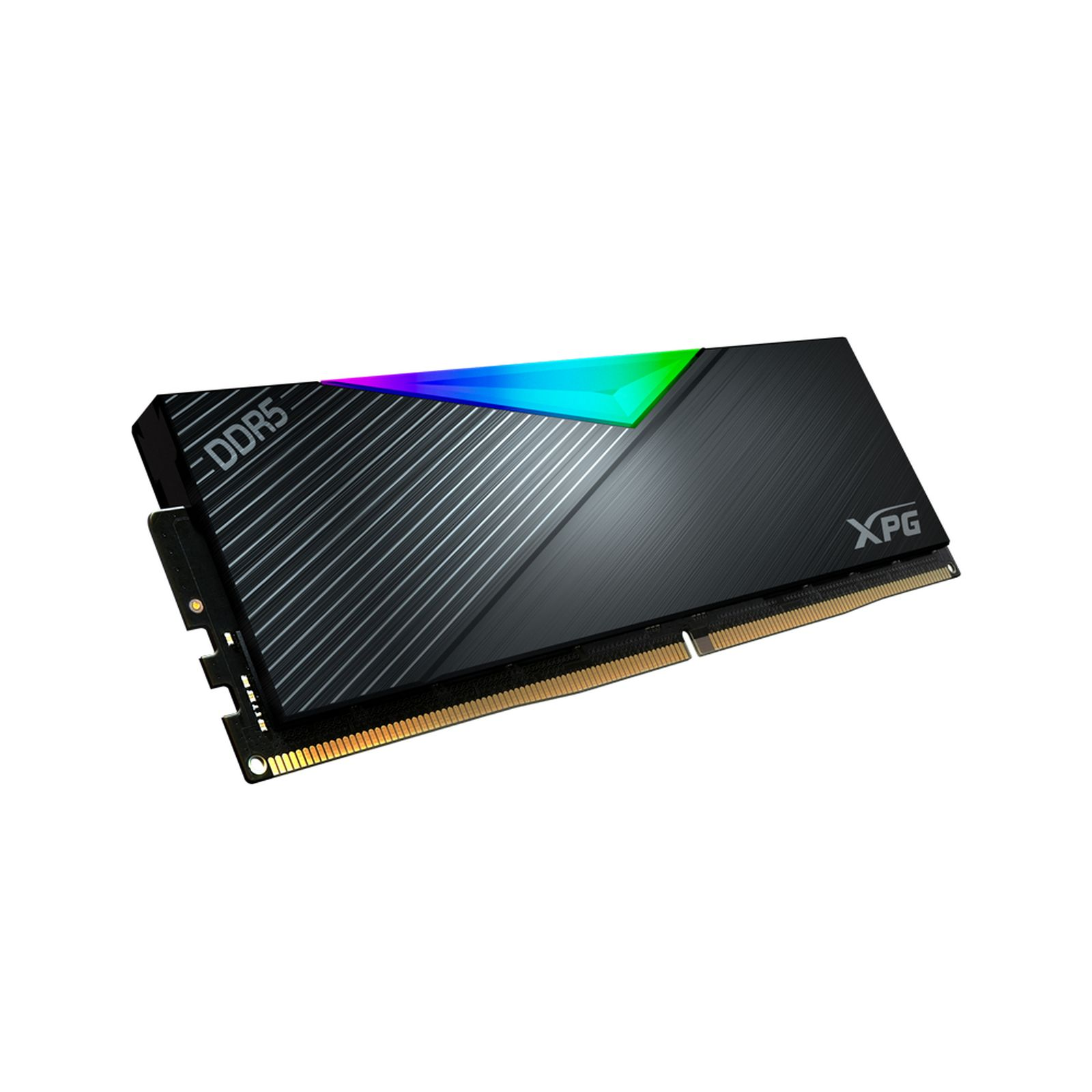 Kość RAM DDR5 XPG z czarno-szarym designem i kolorową górną częścią.