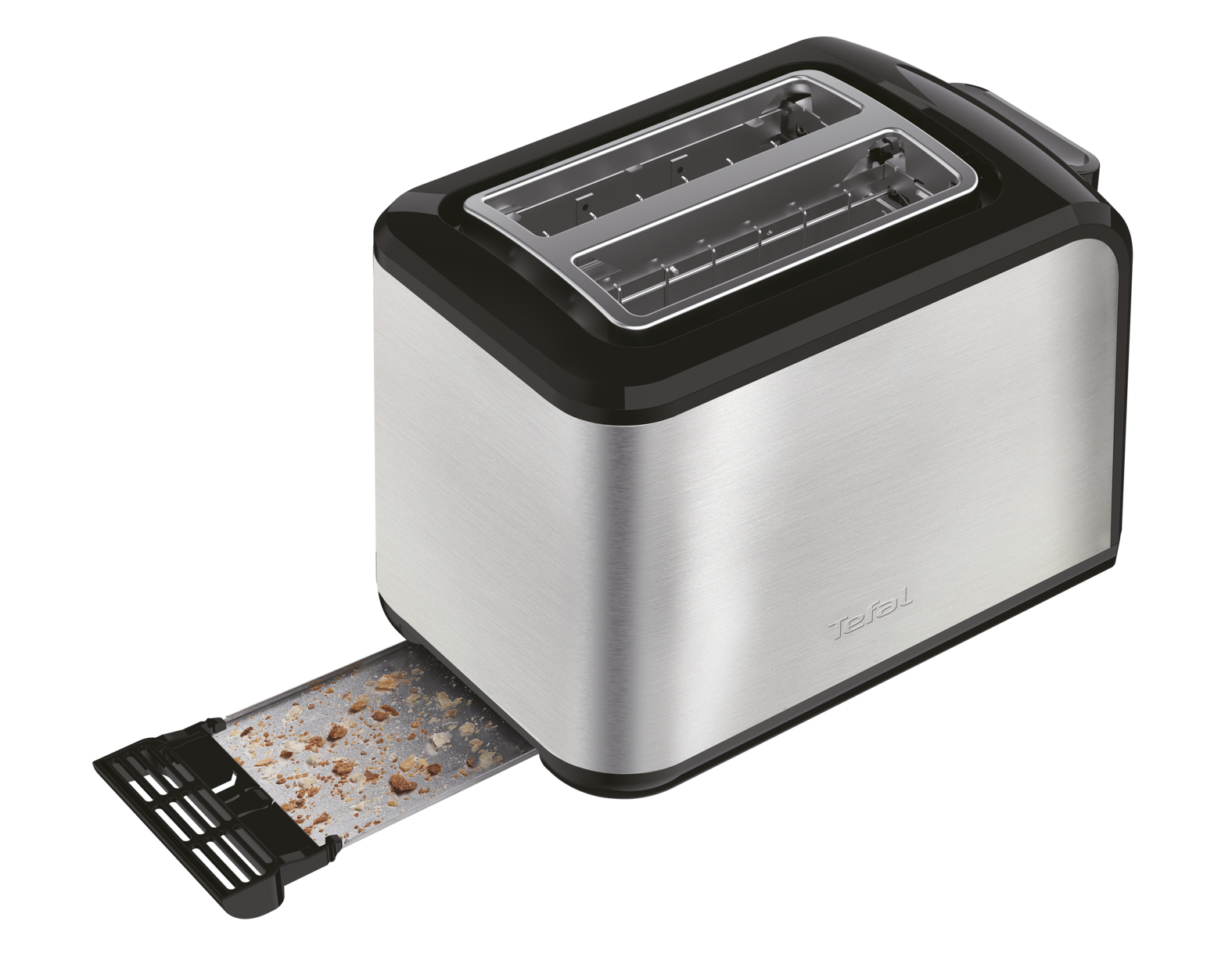 Srebrno-czarny toster z wysuniętą szufladą na okruchy.