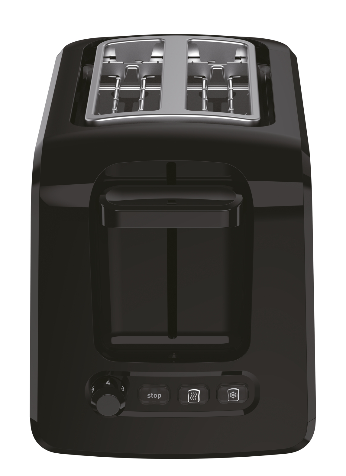 Czarny toster z dwoma otworami i przyciskami sterowania, widziany z góry.