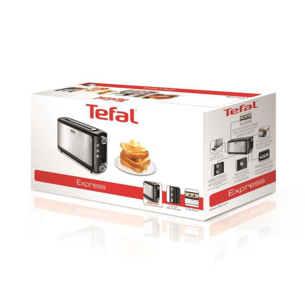 Pudełko tostera Tefal Express. Pokazuje obrazy tostera i tostów. Czerwono-białe.