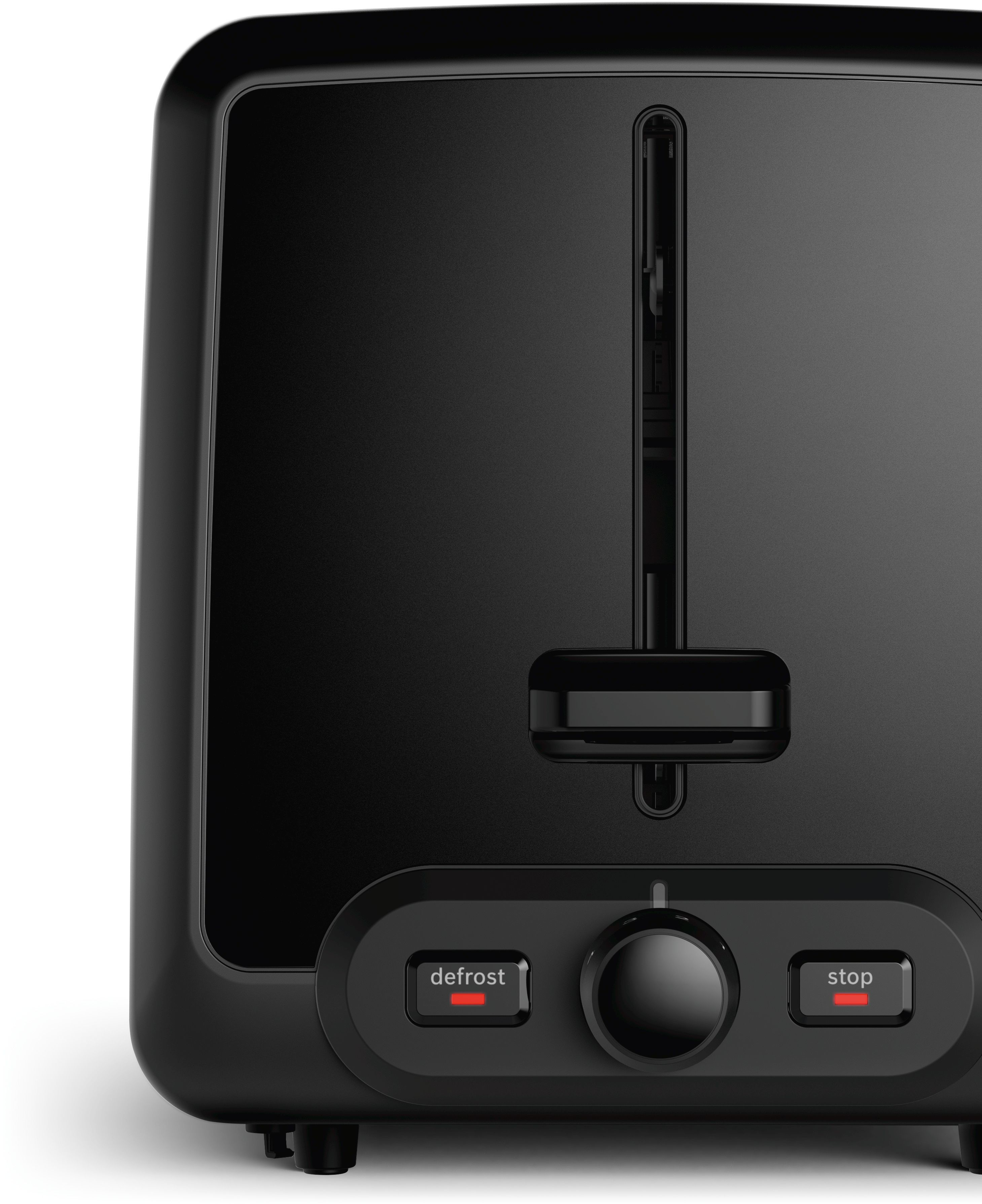 Czarny toster z przodu, z przyciskami rozmrażania i stopu oraz pokrętłem.
