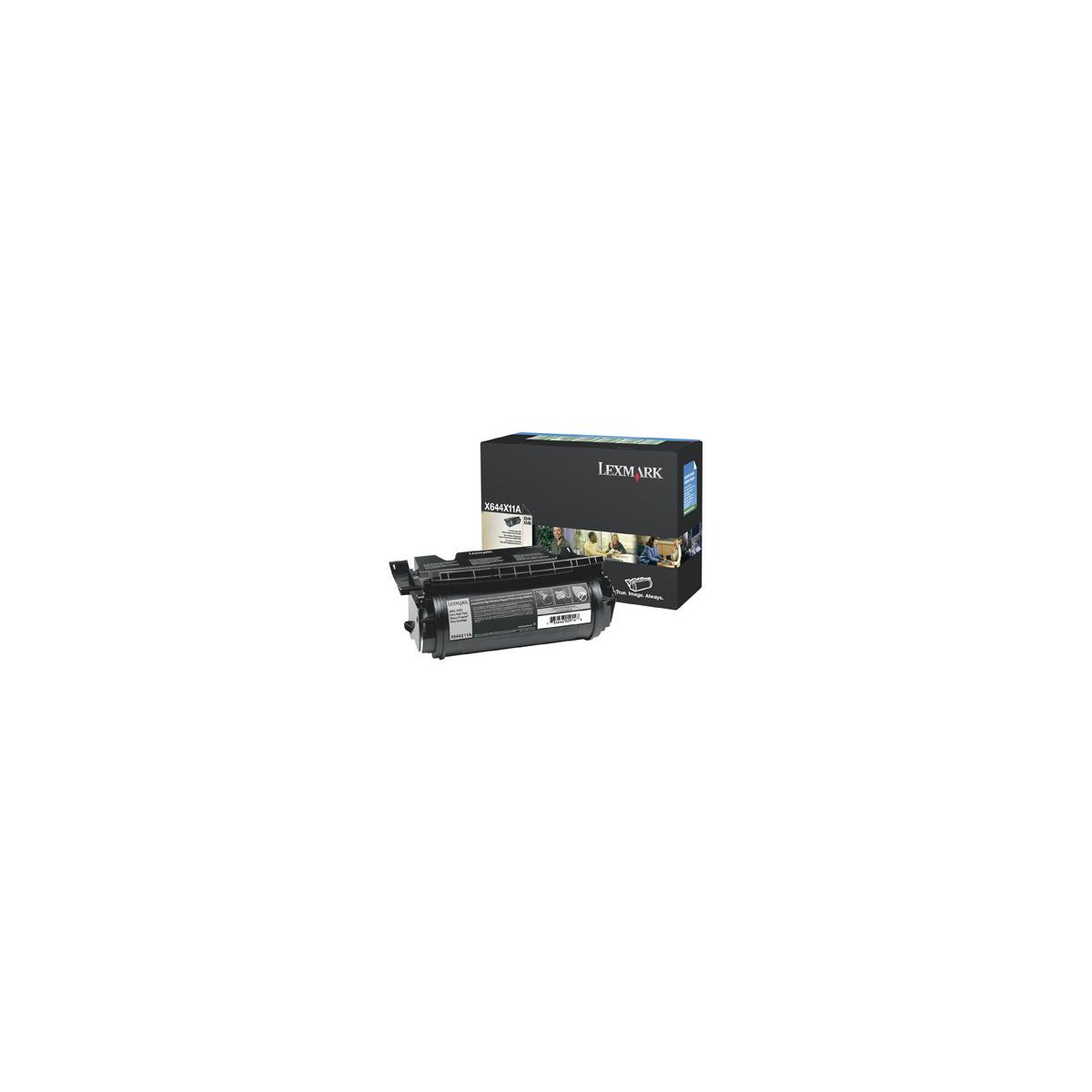 Cartuccia toner e scatola Lexmark. Cartuccia nera, scatola nera con sfondo bianco.