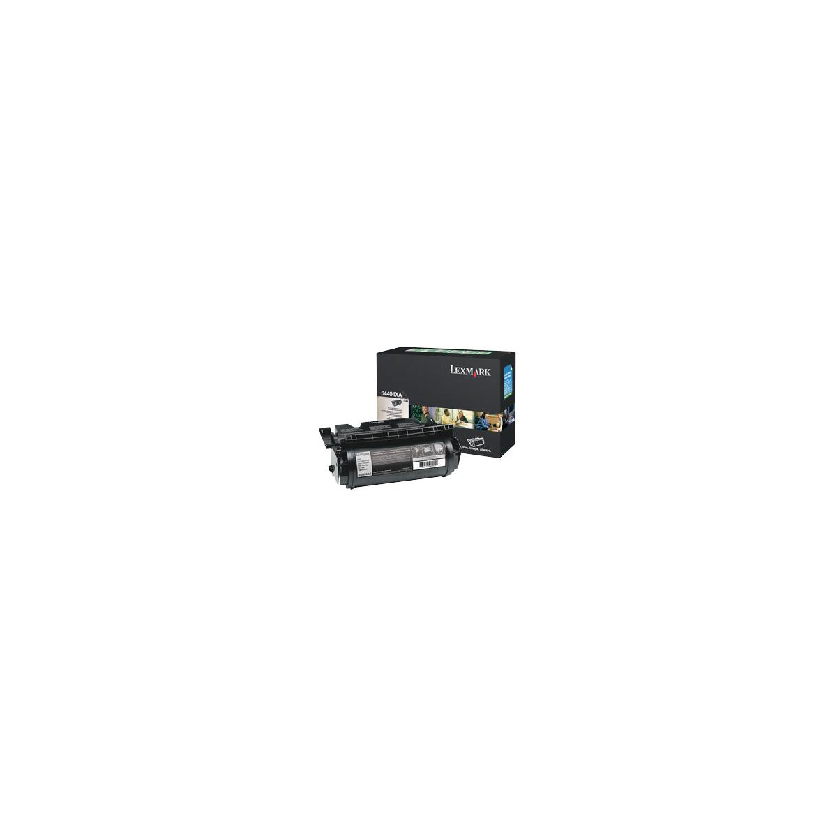 Cartuccia della stampante nera con scatola, marchio Lexmark, su sfondo bianco.