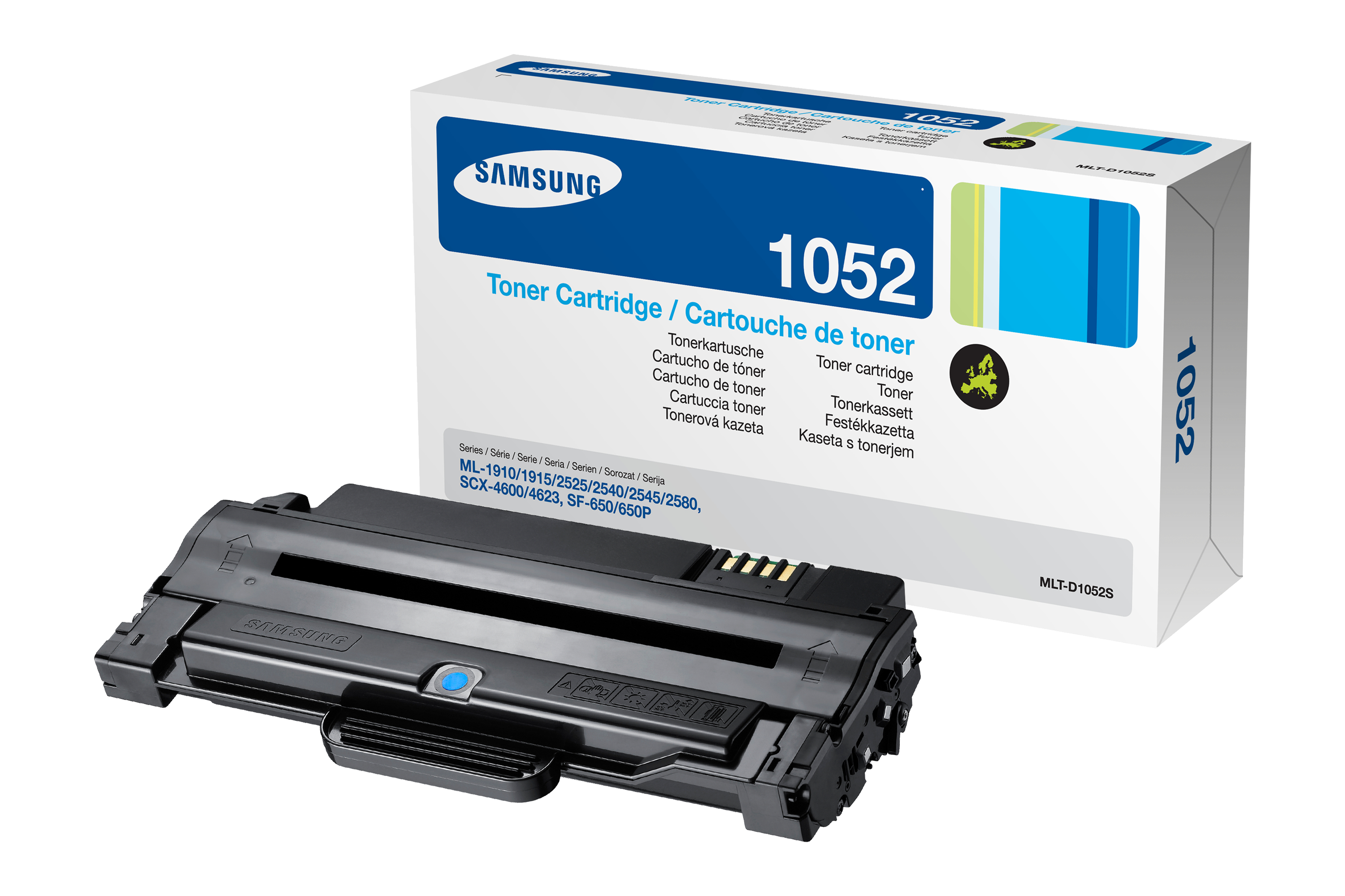 Cartuccia stampante Samsung, cartuccia nera con scatola, sfondo bianco.