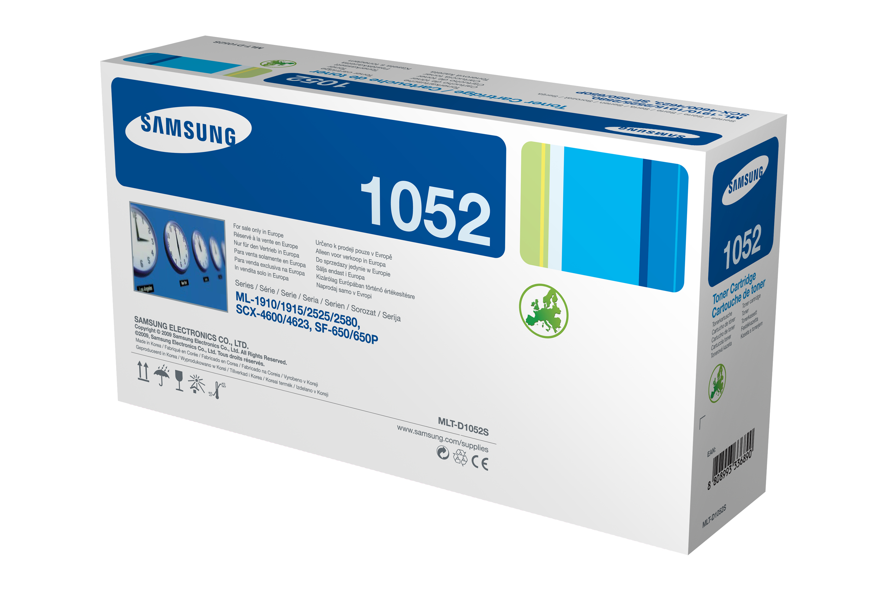 Scatola cartuccia toner Samsung 1052. Scatola bianca con elementi di design blu e verde.