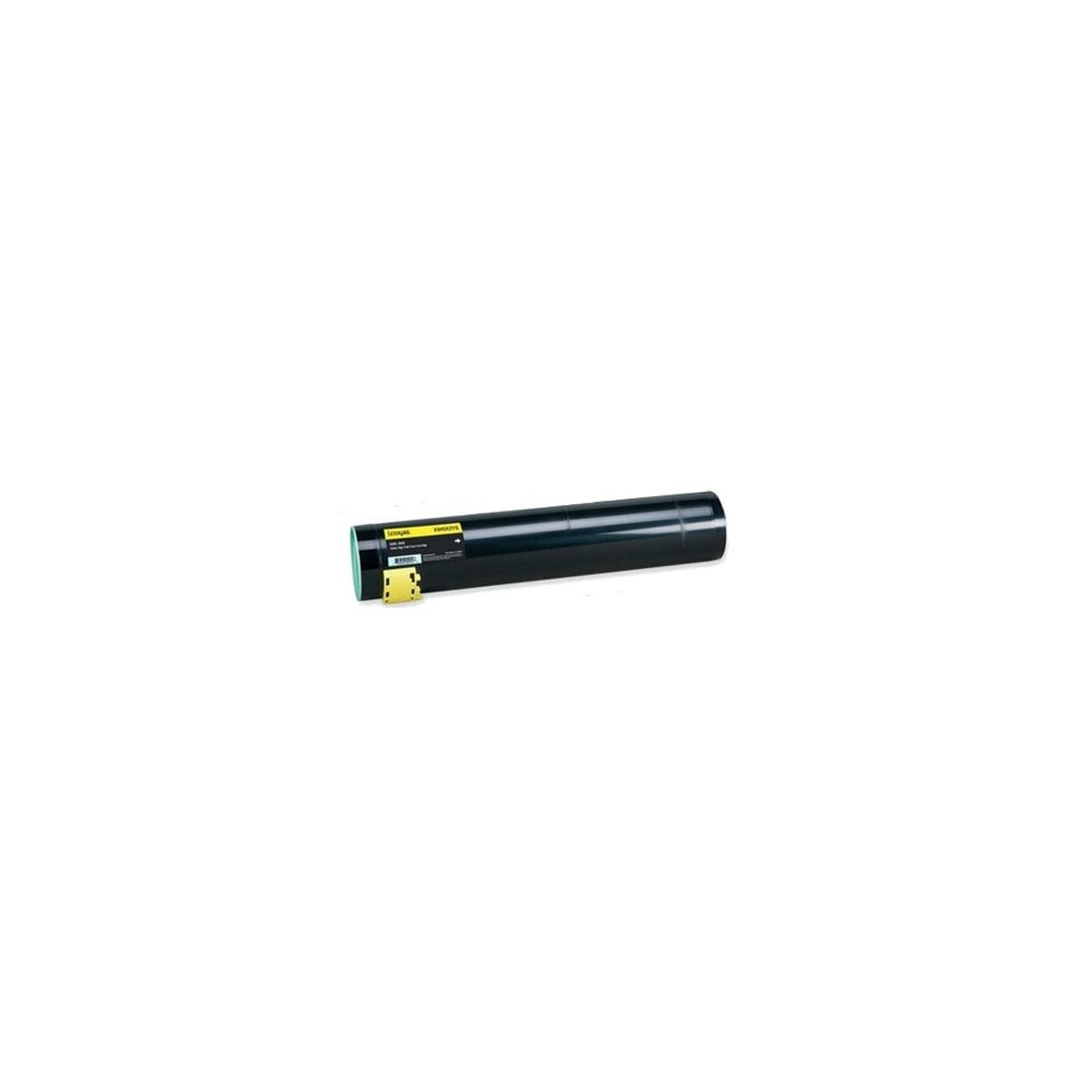 Cartuccia toner nera. Etichette gialle e verdi. Sfondo bianco.