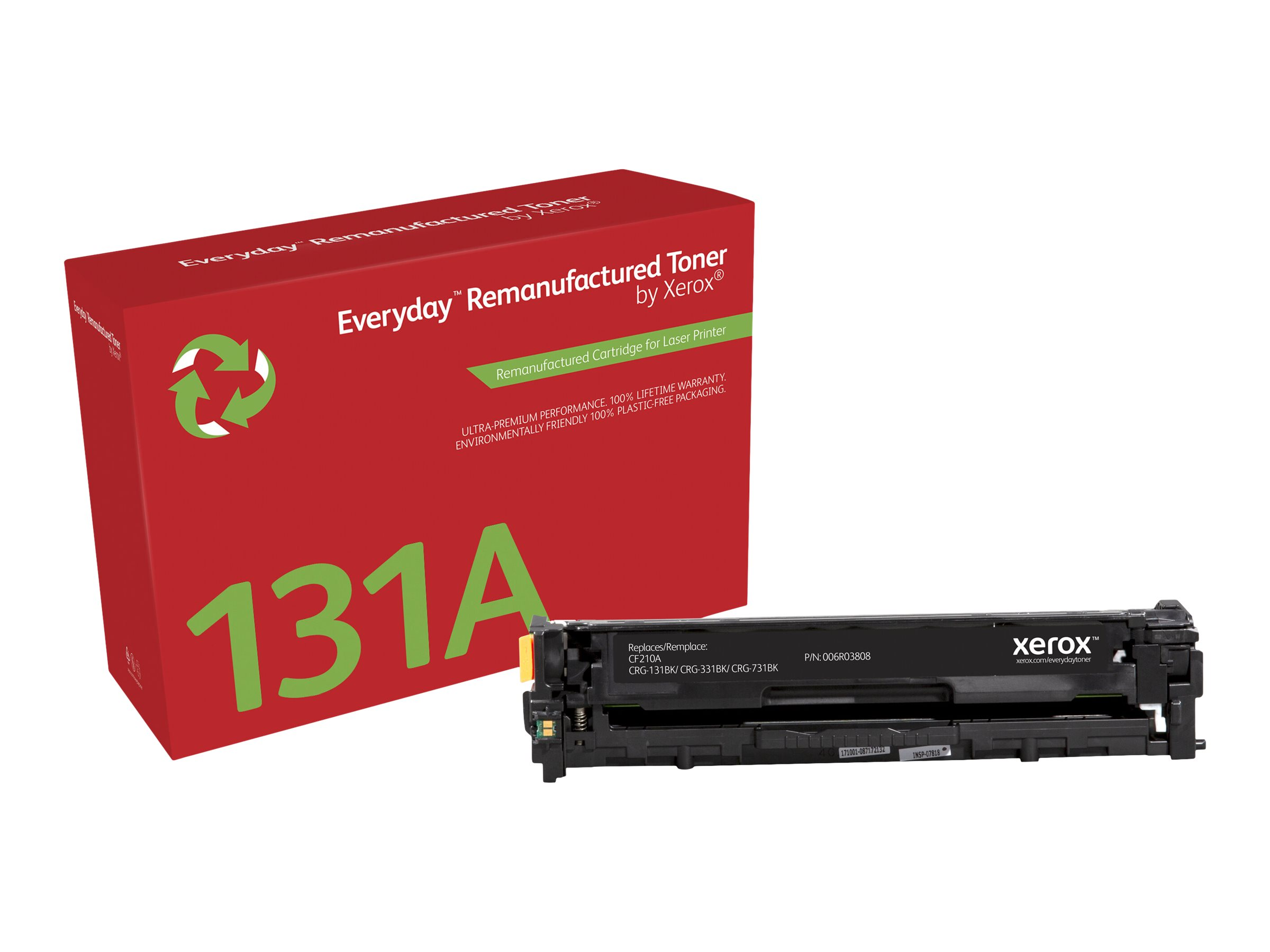 Czerwone pudełko z 'Everyday Remanufactured Toner' i czarnym tonerem '131A'.