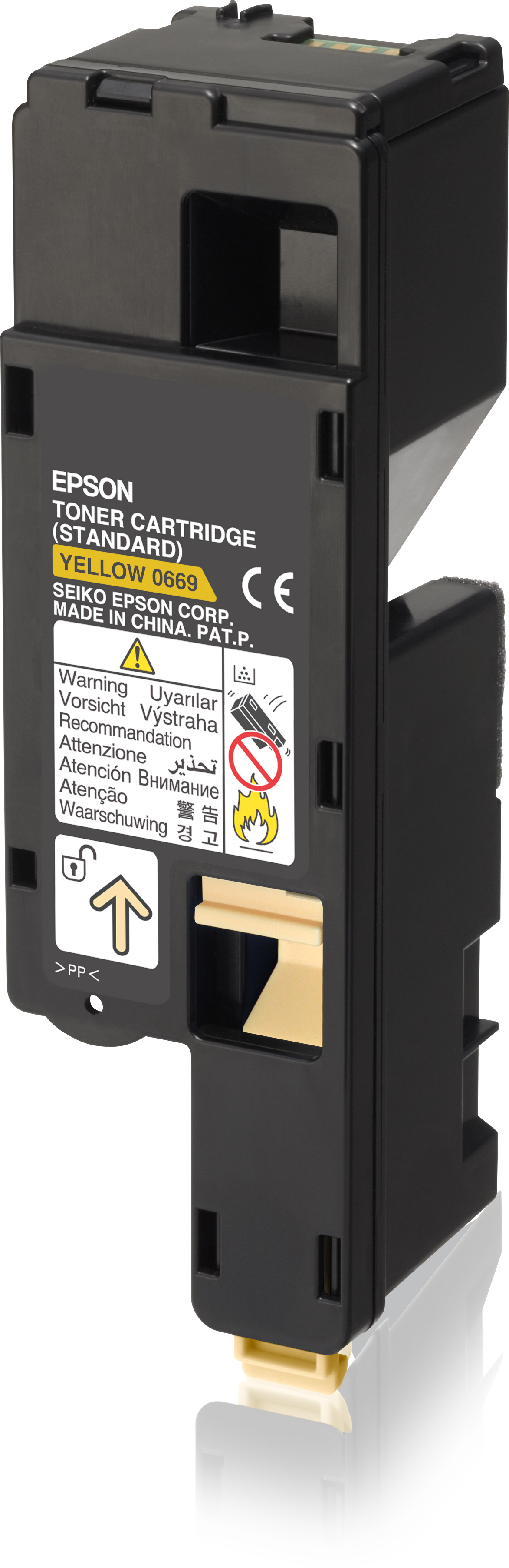 Cartuccia toner Epson nera. Contiene etichette di avvertenza. Etichetta gialla in basso.