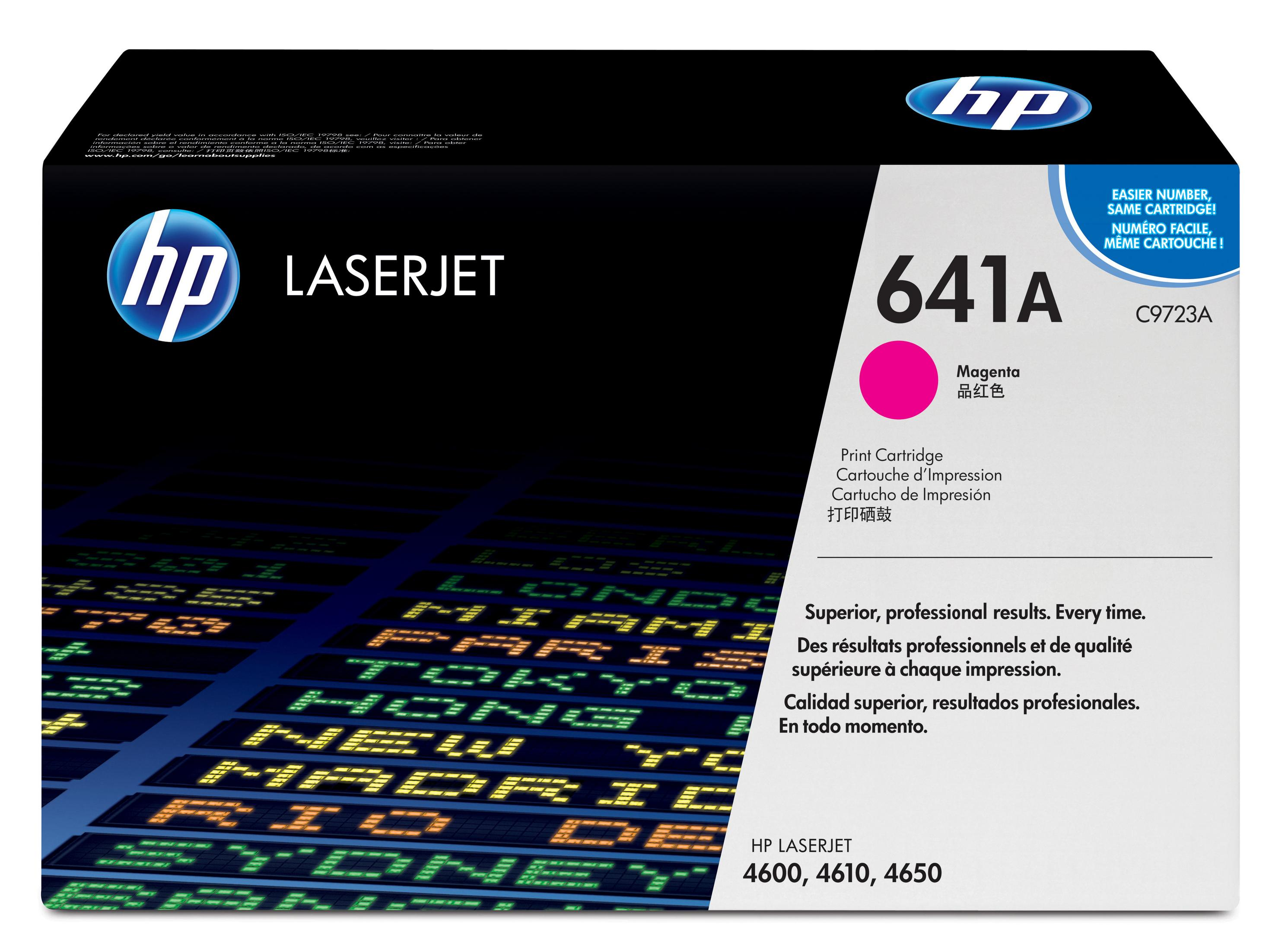 HP LaserJet Tonerbox mit magentafarbenem Tintenkreis. Enthält Text in mehreren Sprachen.