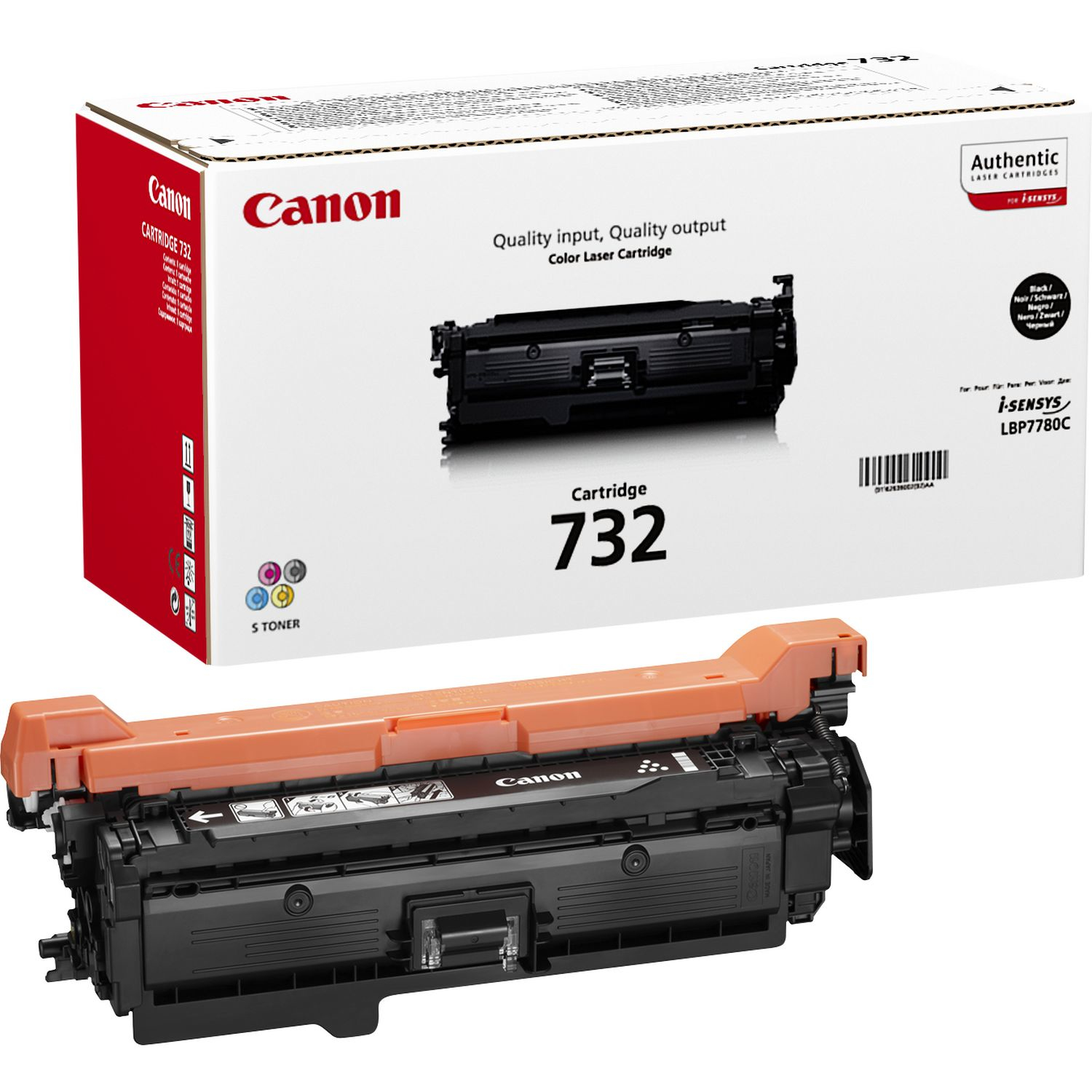 Una cartuccia toner Canon e la sua scatola su sfondo bianco.