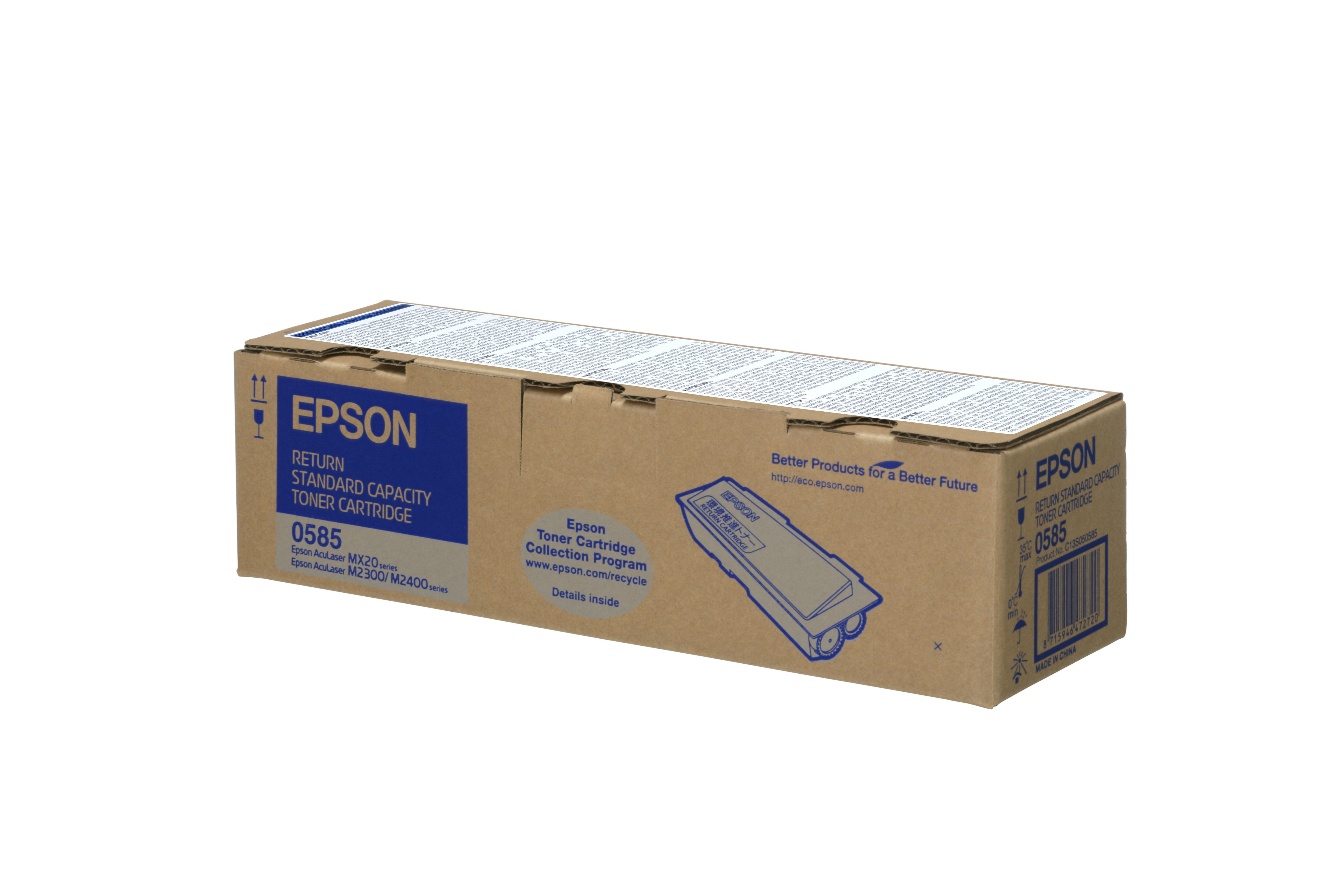 Scatola per cartucce toner Epson marrone su sfondo bianco. La scatola è al centro.