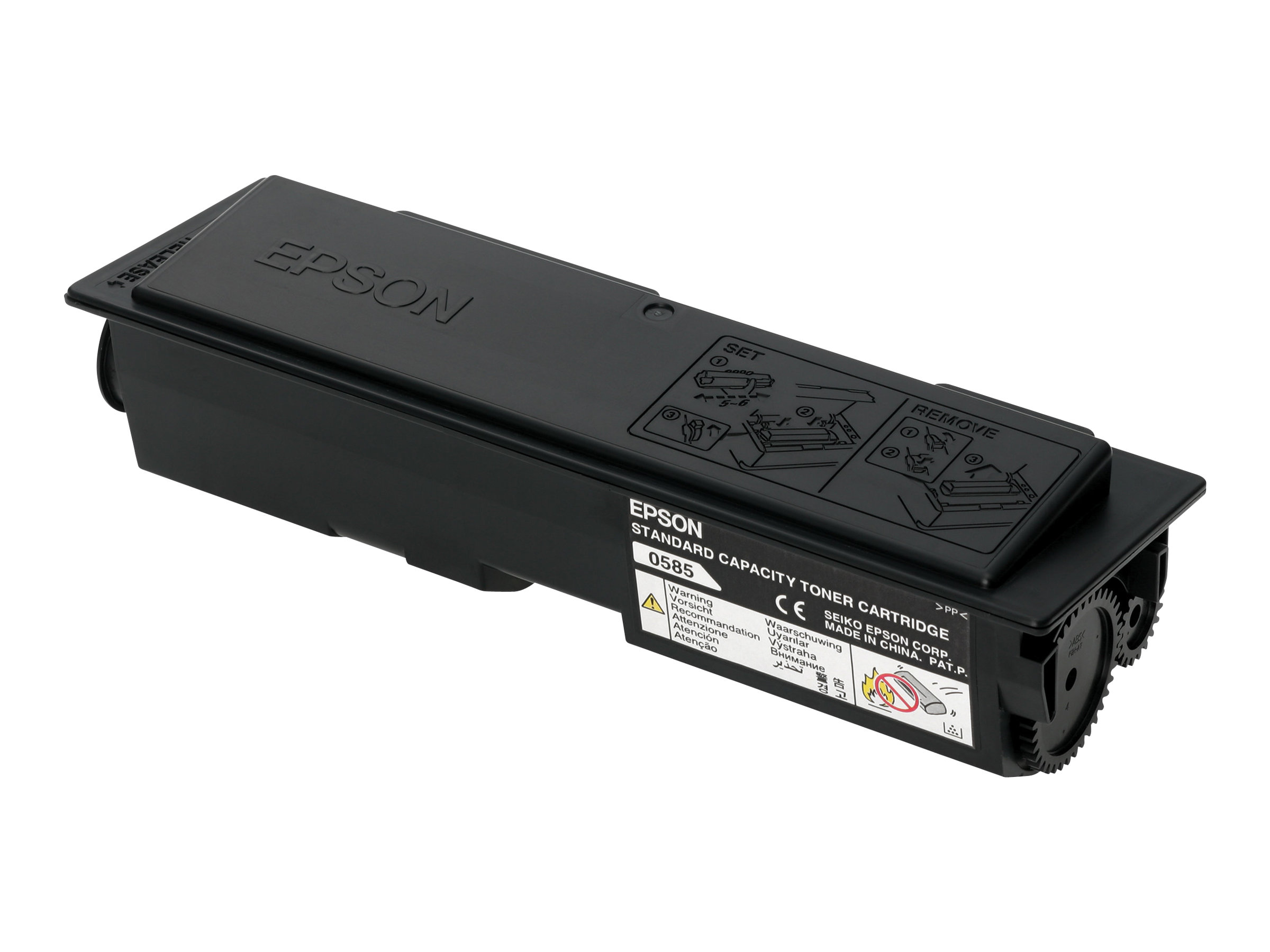 Una cartuccia toner Epson nera su sfondo bianco.