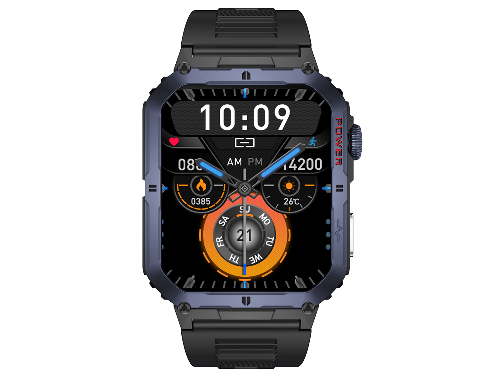 Smartwatch con cinturino nero e quadrante quadrato che mostra ora e dati.