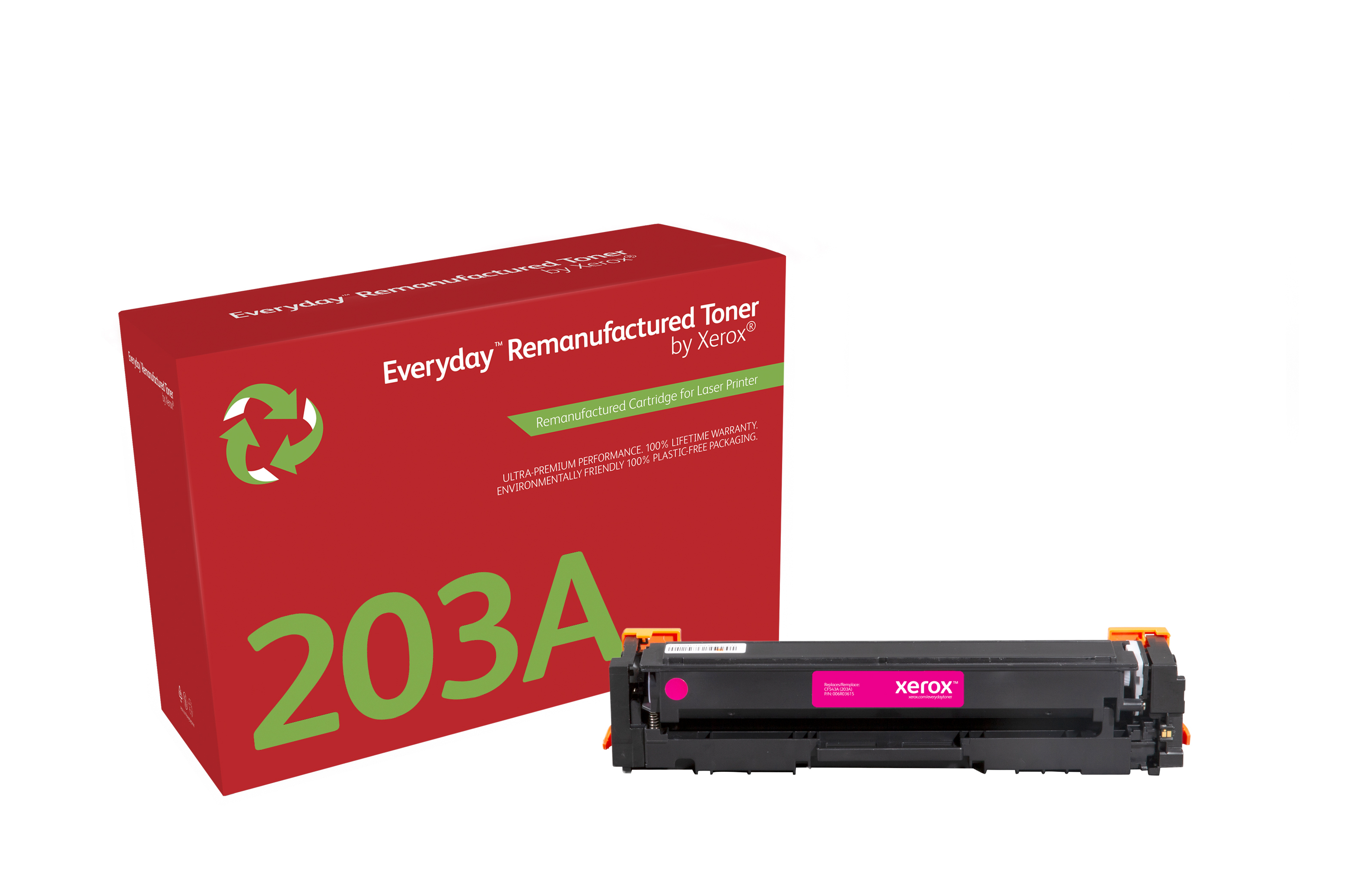 Scatola rossa con cartuccia toner nera e magenta. Scatola e cartuccia hanno testo bianco.