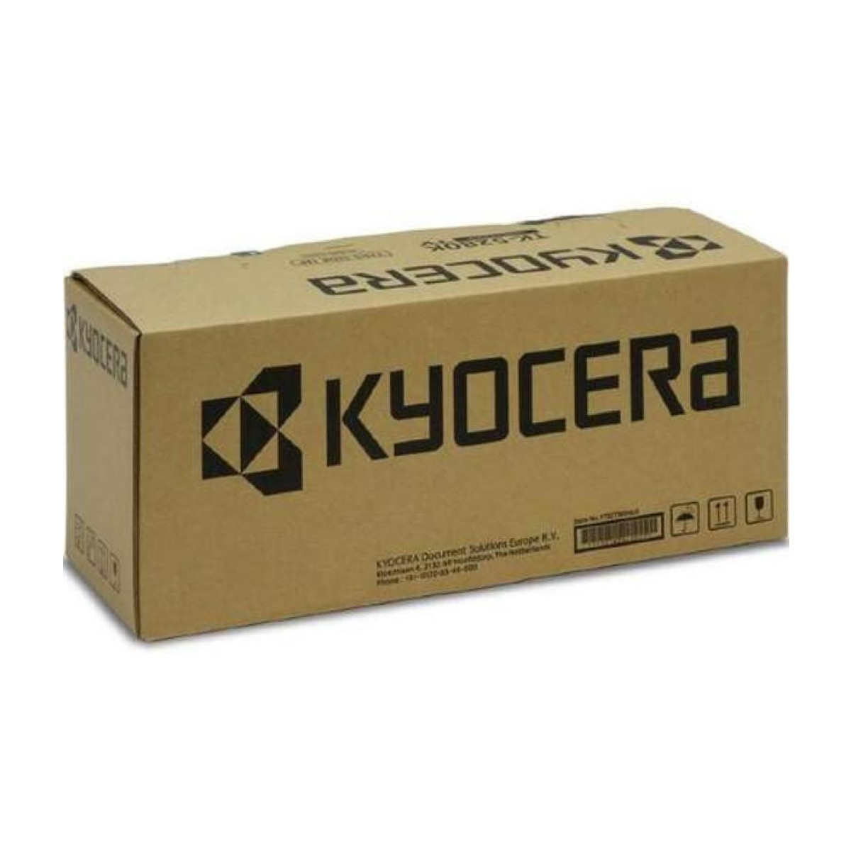 Brązowe pudełko Kyocera z czarnym tekstem i logo. Na pudełku napisano Kyocera document solutions Europe B.V..