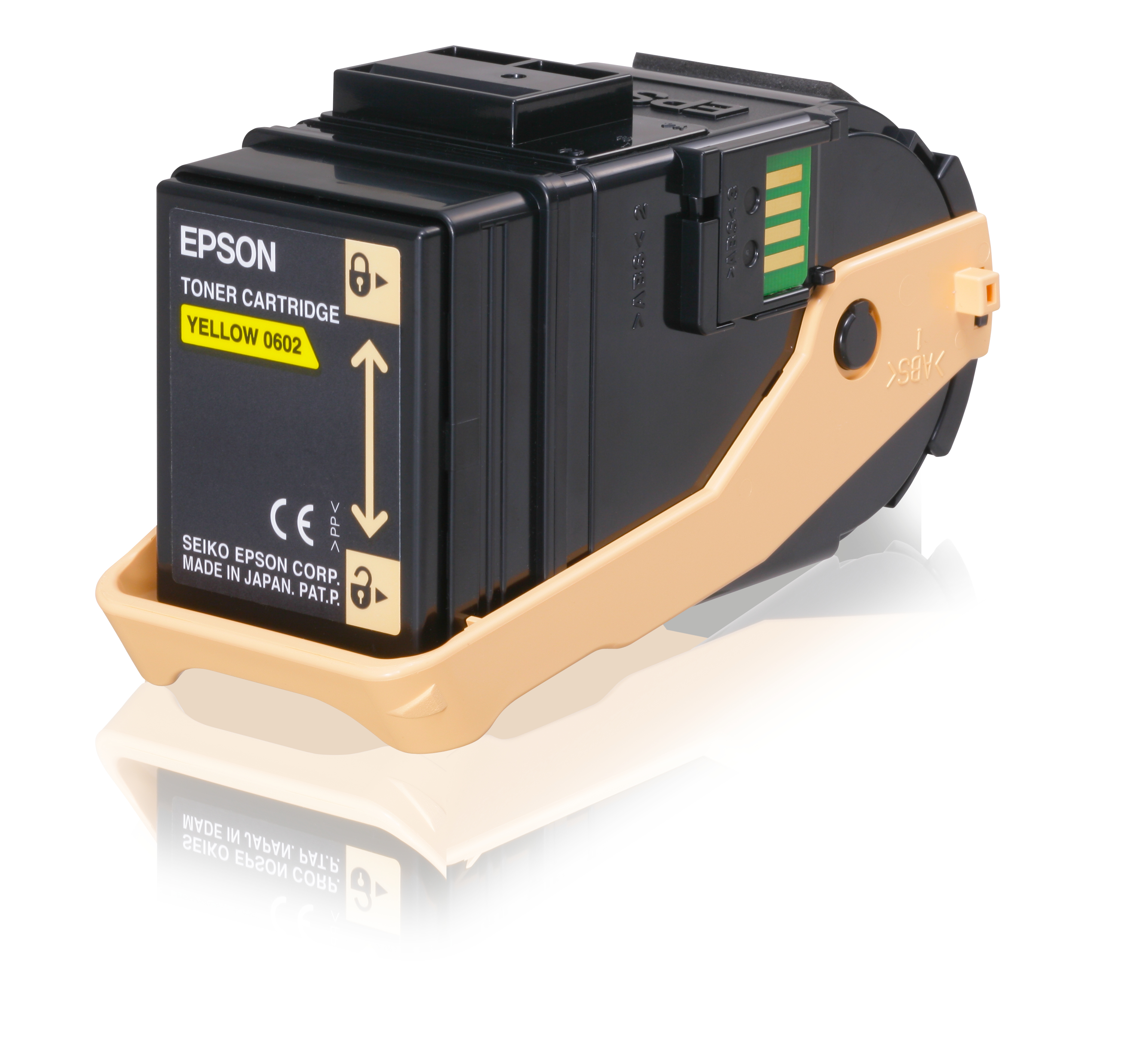 Cartuccia toner gialla Epson. Alloggiamento nero, supporto giallo. Fatto in Giappone.