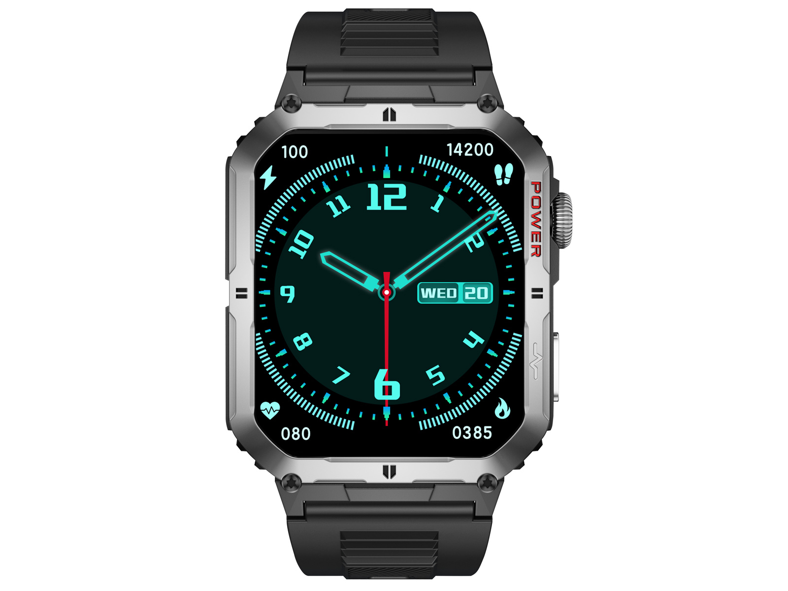 Schwarze und silberne Smartwatch mit Digitalanzeige, die Zeit und weitere Informationen anzeigt.
