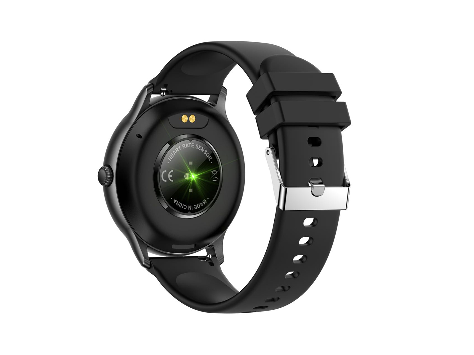 Smartwatch nero con cinturino nero, vista posteriore, mostra il sensore di frequenza cardiaca.