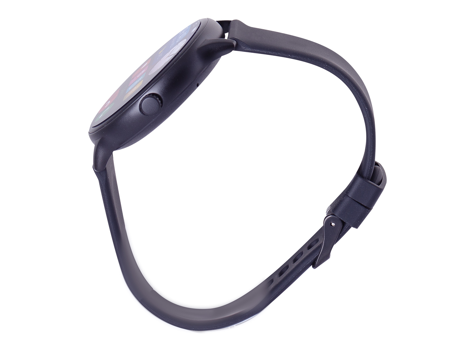 Smartwatch nero con schermo curvo e cinturino nero, visto di lato.