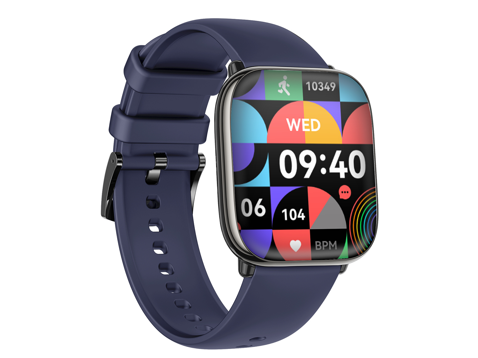 A dark blue smartwatch with a touch screen displays time, date, and health metrics, with a blue band.