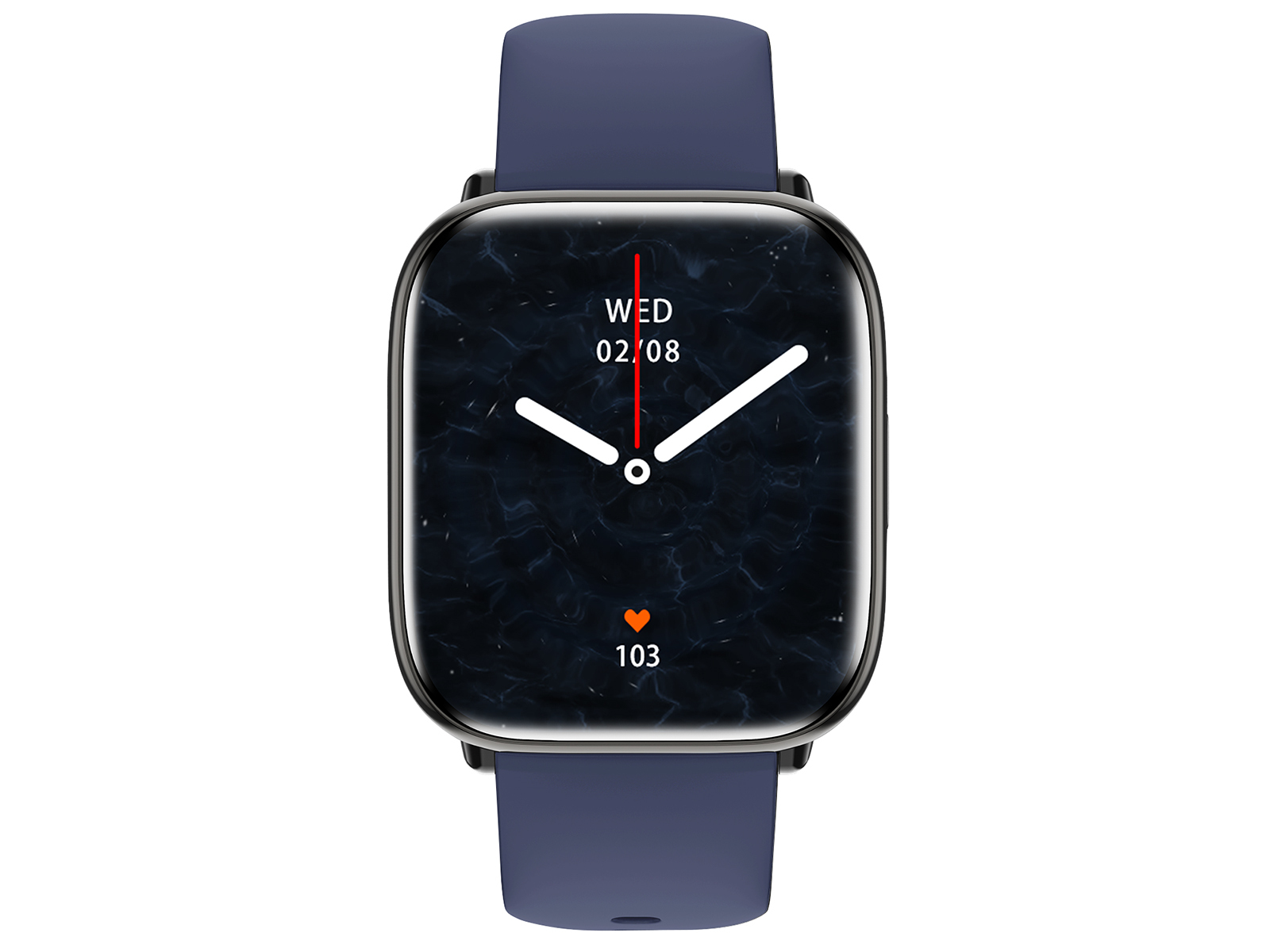 A blue smartwatch with a black display showing the date and heart rate on a white background.
