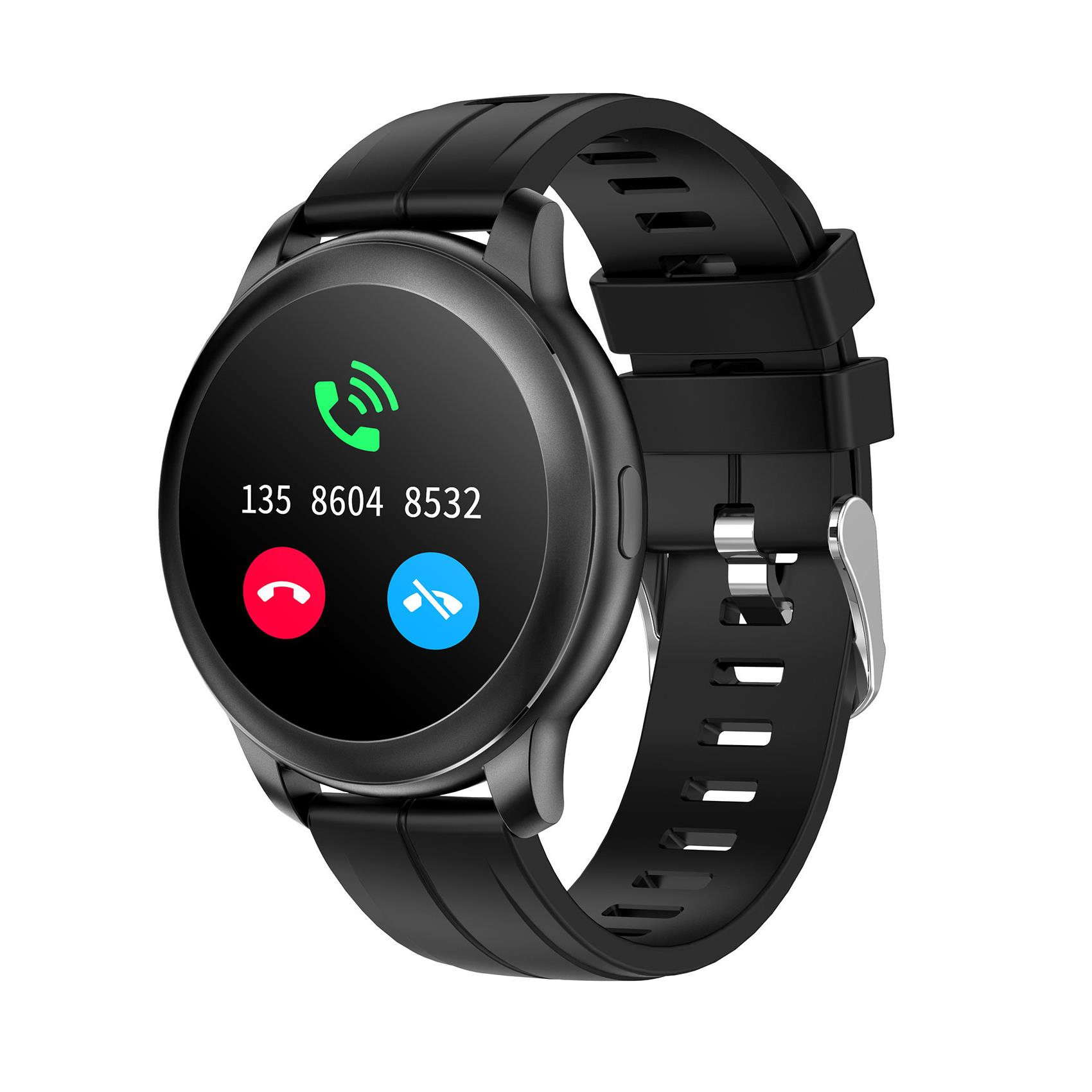 Smartwatch nero rotondo con touchscreen che mostra un'interfaccia di chiamata telefonica. Cinturino nero.