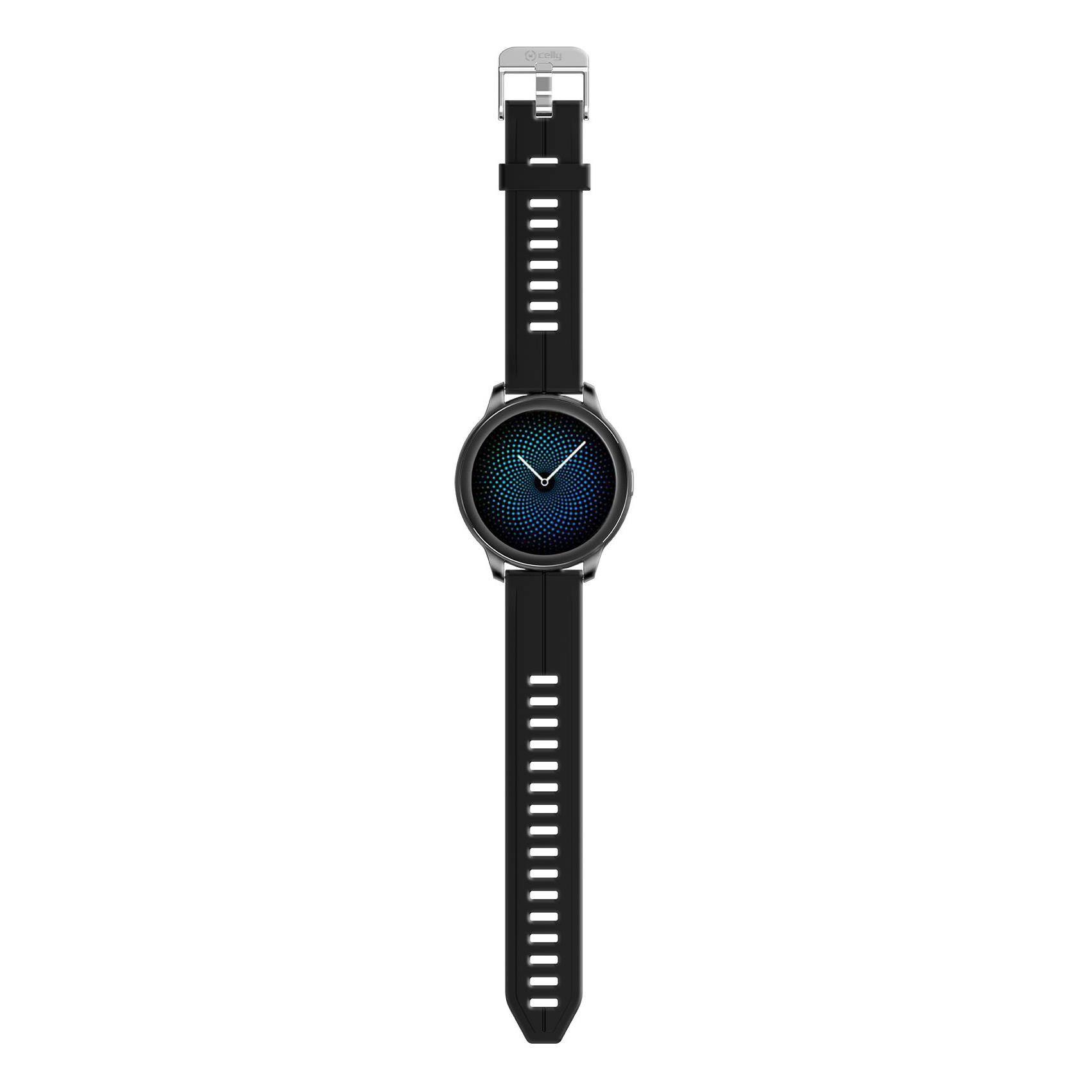 Uno smartwatch nero con quadrante rotondo e cinturino nero, vista dall'alto.