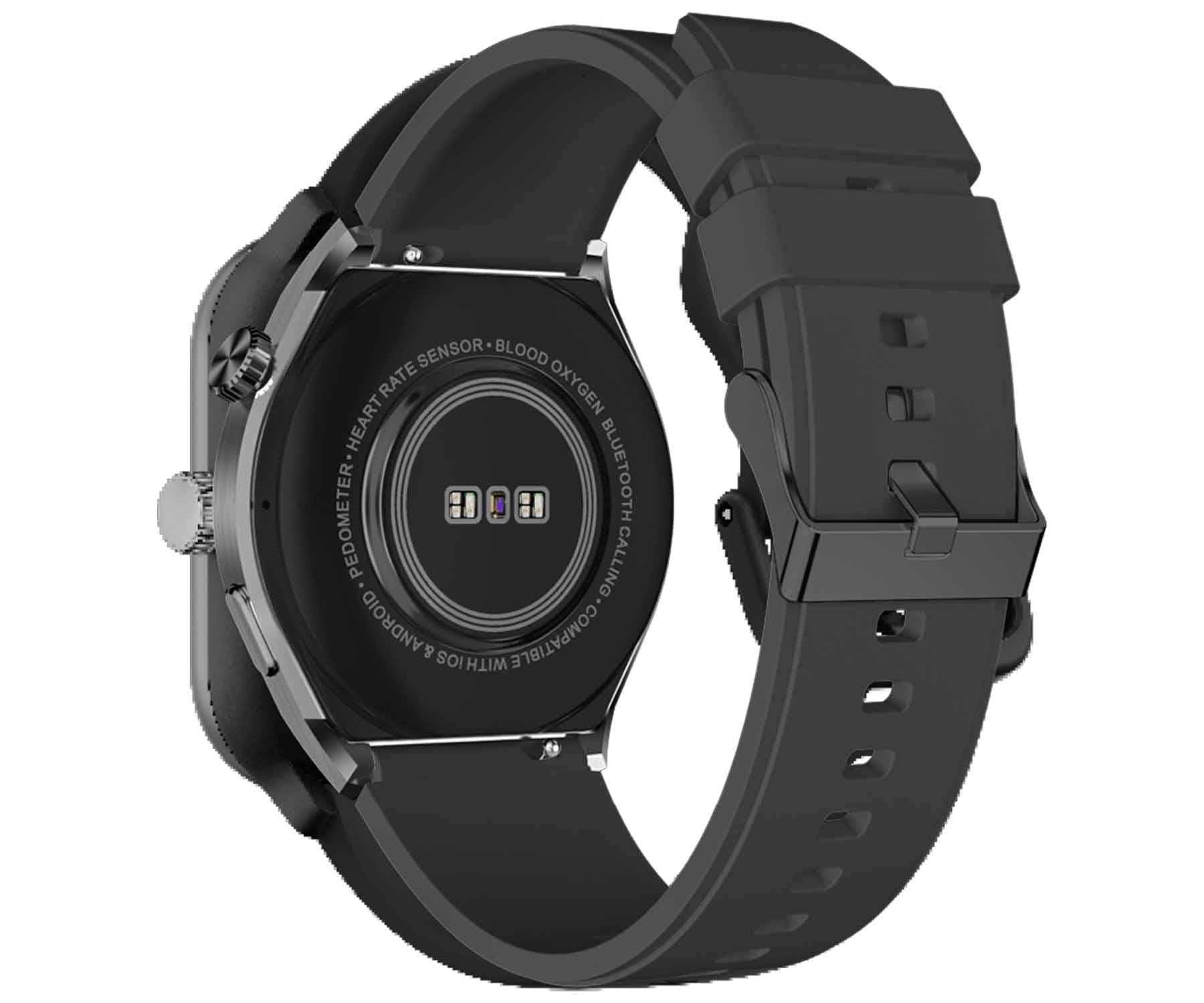 Een smartwatch met de achterkant met sensoren en een zwarte band met gesp.