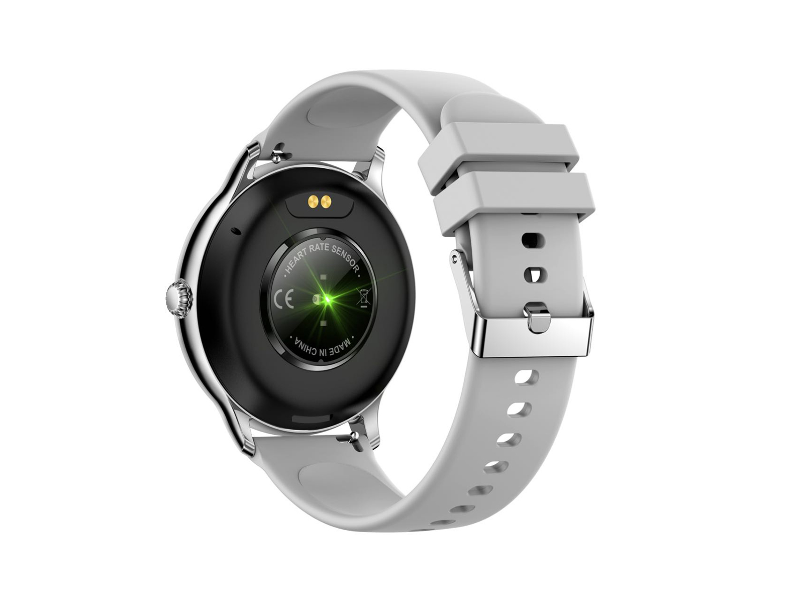 Smartwatch. Cinturino grigio con fibbia. Il retro mostra il sensore di frequenza cardiaca.