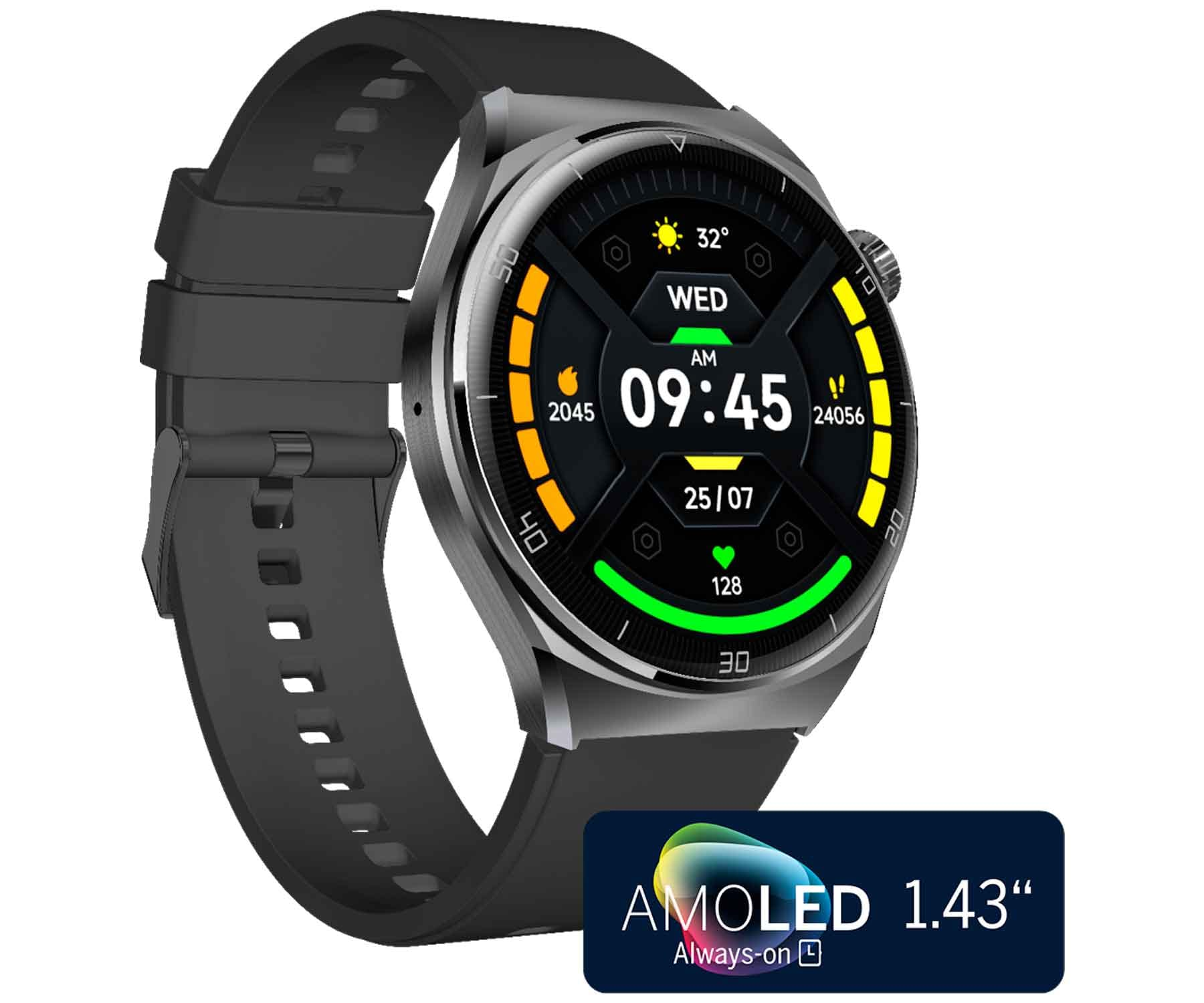 Een zwarte smartwatch met een ronde wijzerplaat die tijd en andere gegevens weergeeft, een zwarte band.
