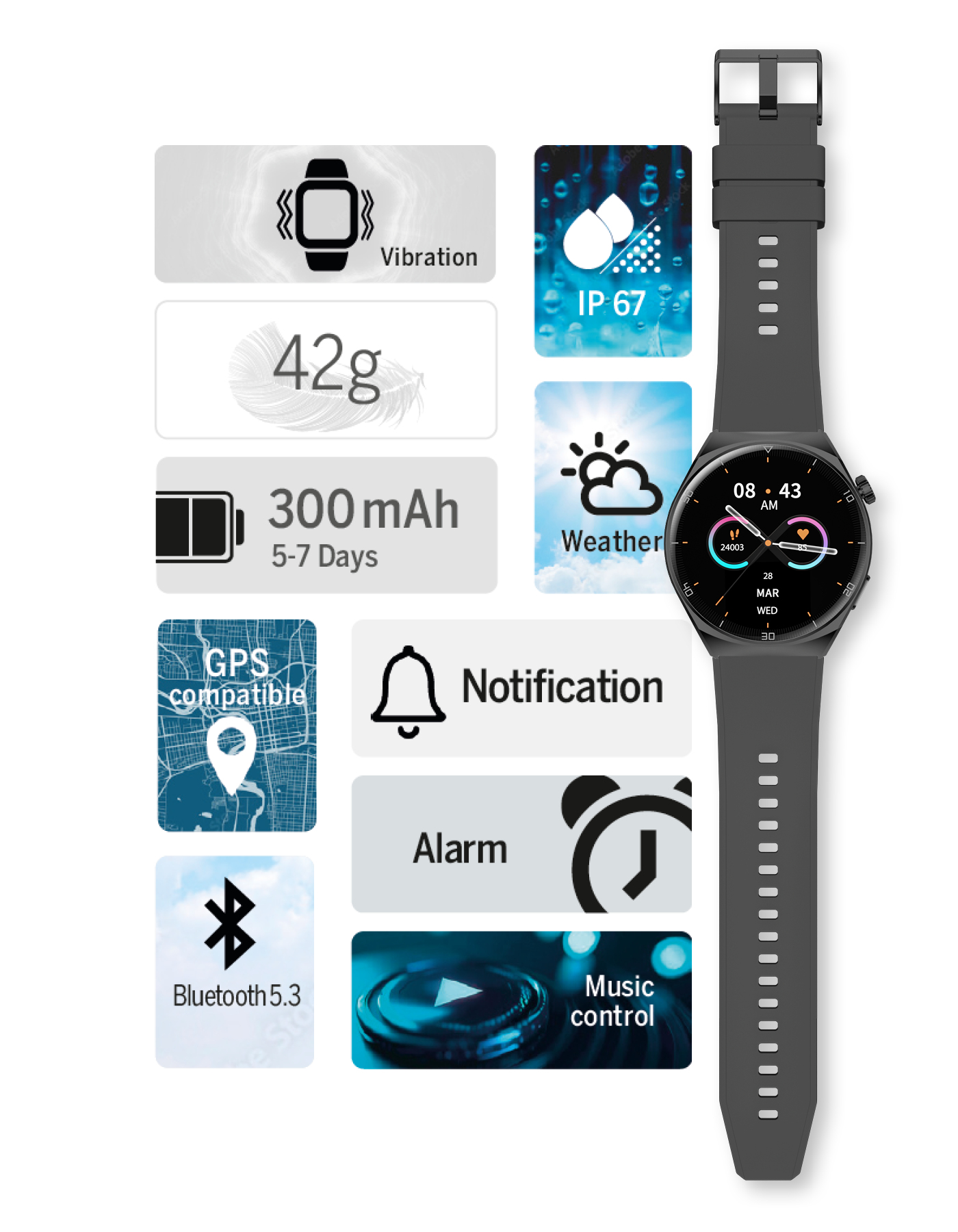 Een grijze smartwatch met pictogrammen voor trillingen, batterij, GPS, Bluetooth, weer, melding, alarm en muziek.