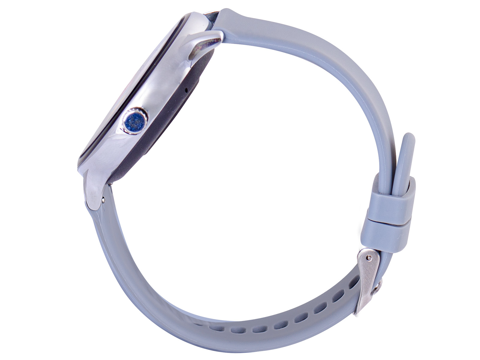 Una vista laterale di uno smartwatch grigio con cinturino grigio. Ha uno schermo circolare e una fibbia.
