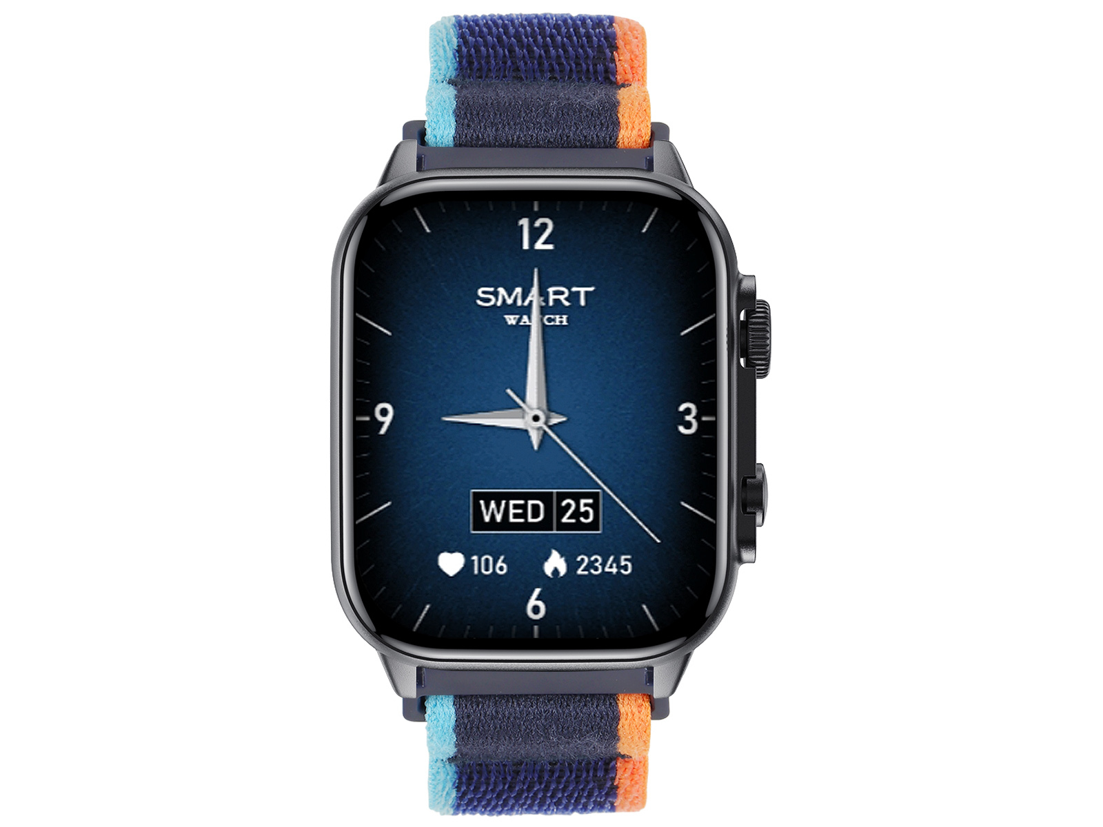 Smartwatch mit dunkelblauem Zifferblatt. Zeigt Zeit, Datum und Fitnessdaten an. Blaues, orangefarbenes und marineblaues Armband.