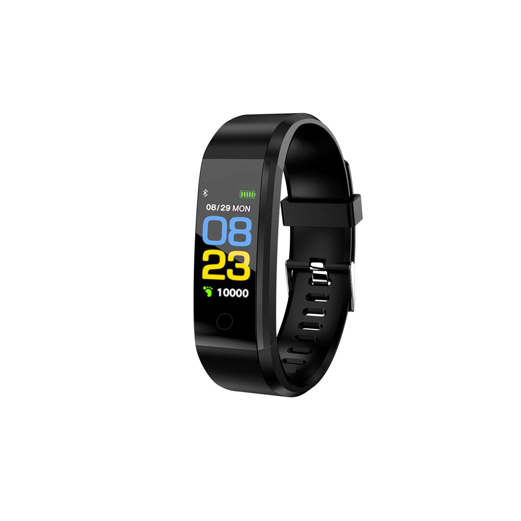 Tracker de fitness noir avec écran affichant la date, l'heure et la progression. Fond blanc.