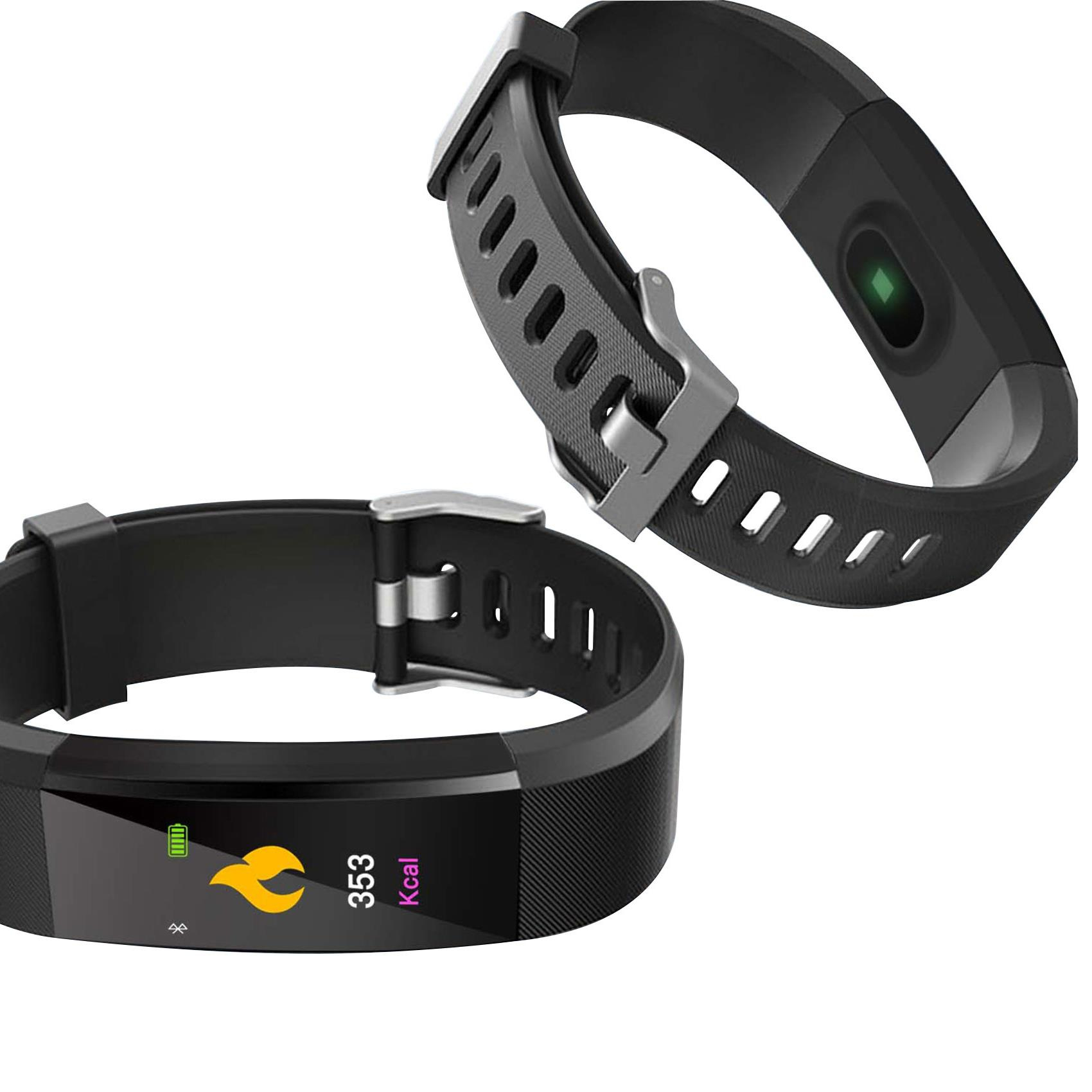Deux trackers de fitness noirs. L'un affiche les kcal, l'autre un moniteur de fréquence cardiaque.