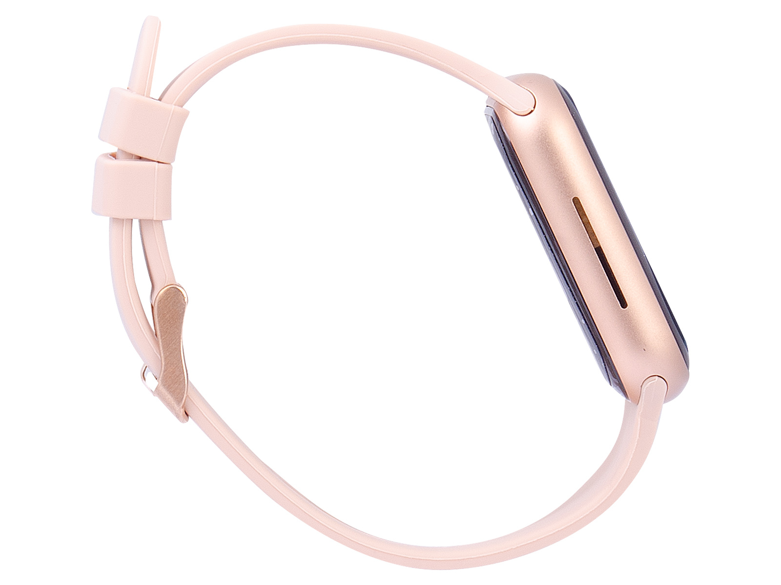 Smartwatch rosa con cassa oro rosa e cinturino rosa abbinato, vista laterale.