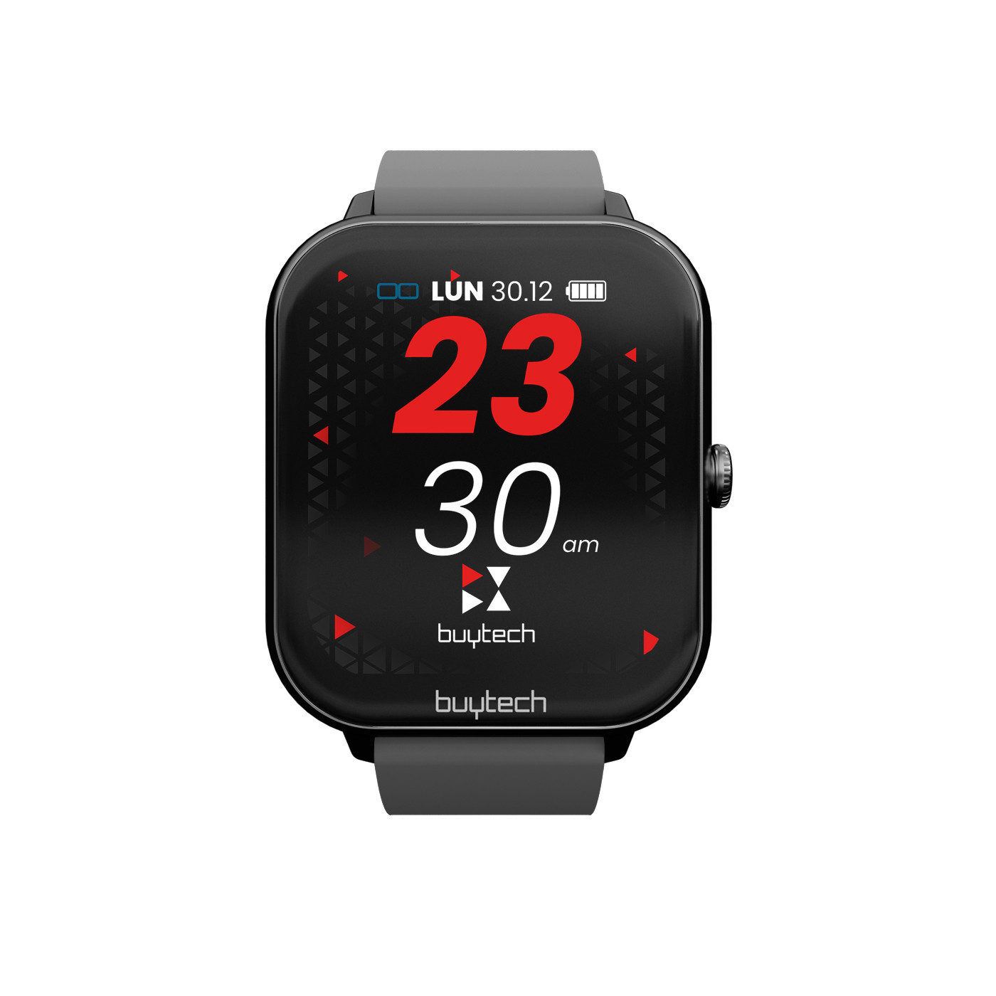 Smartwatch nero. Mostra l'ora 23:30. Cinturino grigio, quadrante quadrato.