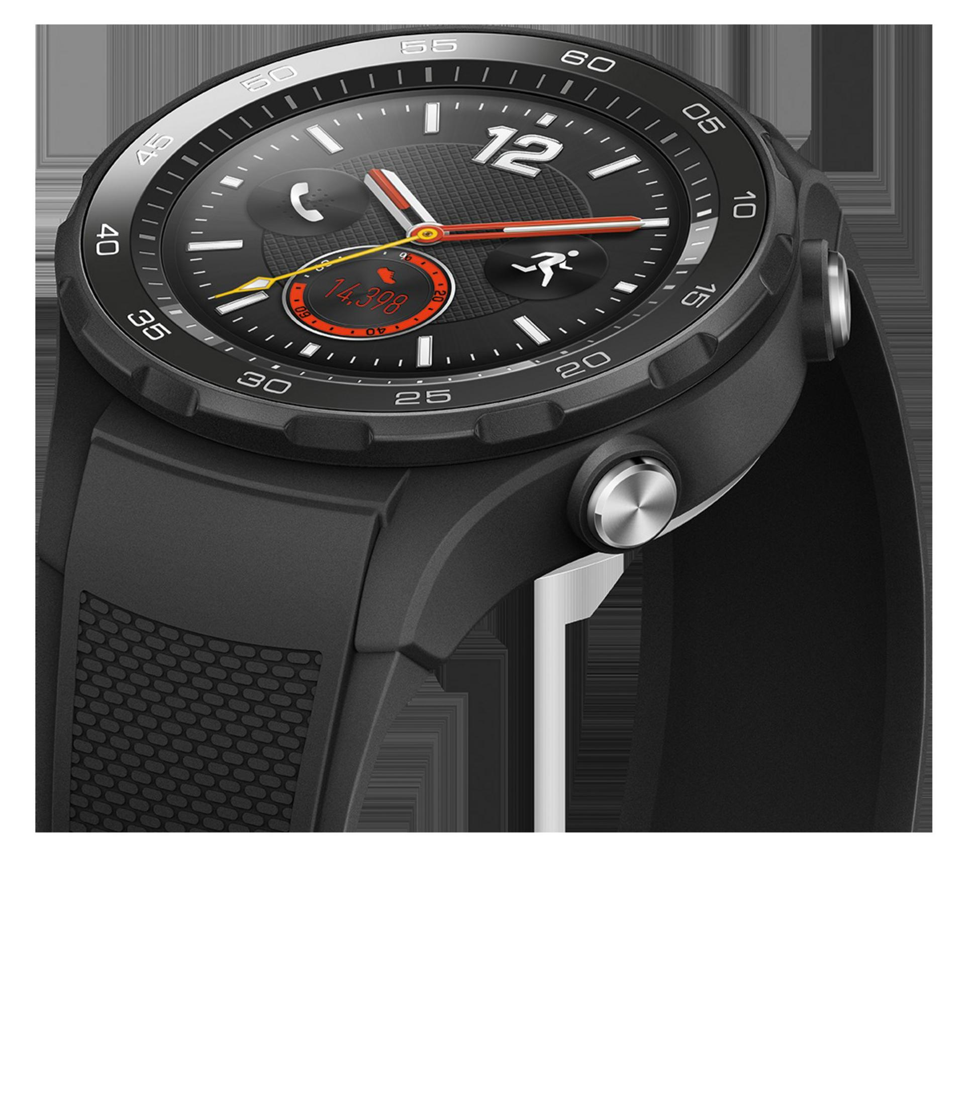 Schwarze Smartwatch mit schwarzem Armband. Zifferblatt zeigt Zeit und Schritte. Silberne Knöpfe.