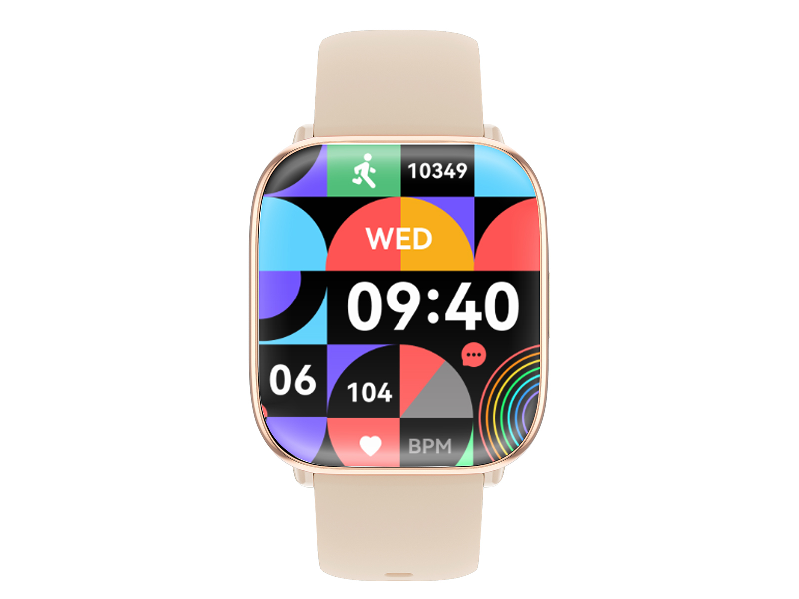 Smartwatch met een gouden frame en een crème-kleurige band, met tijd, datum en fitnessgegevens.