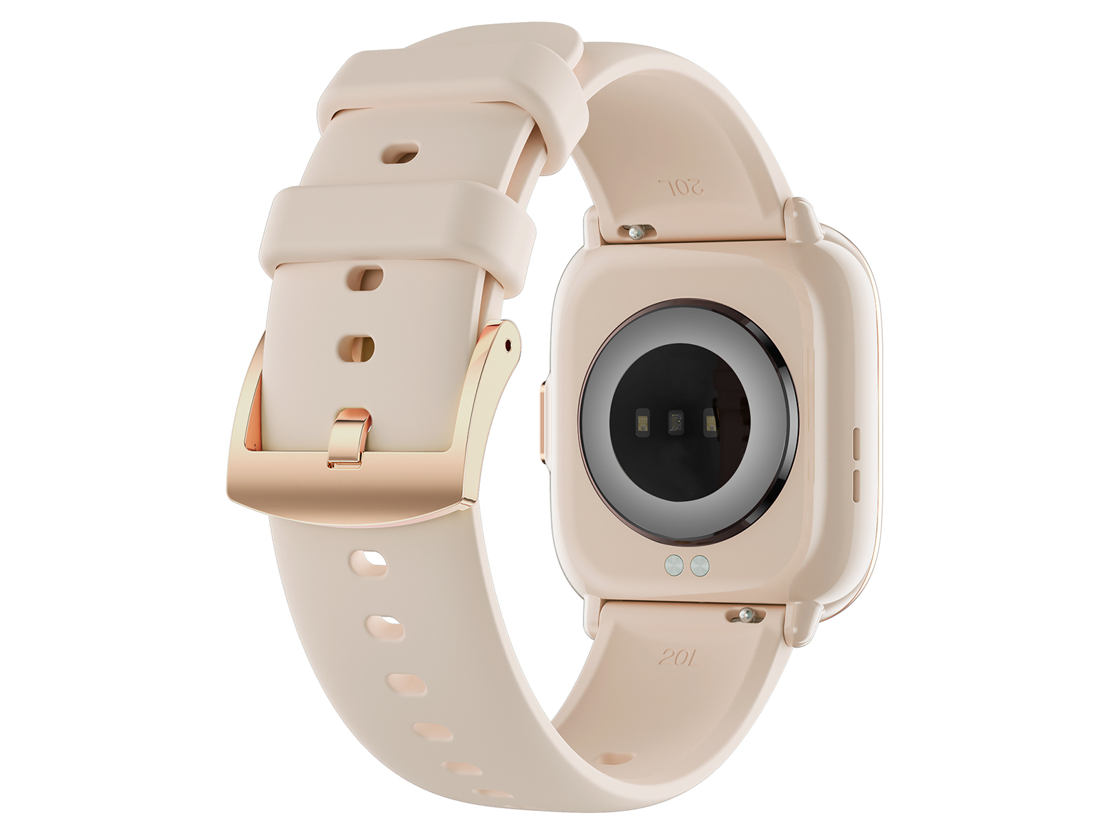 Close-up van de achterkant van een smartwatch, met sensoren en een roze bandje.
